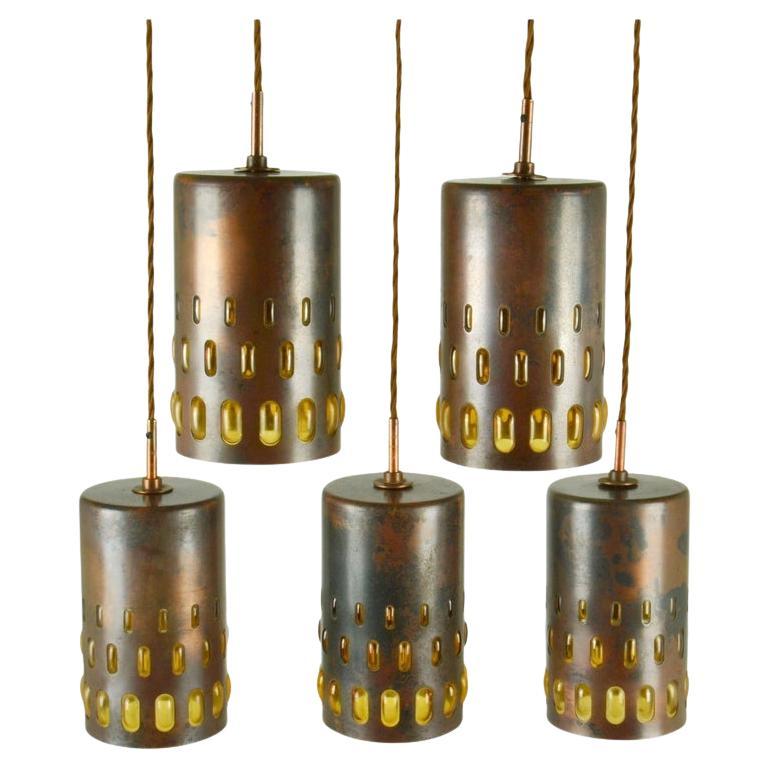 Nanny Still Copper and Amber Glass Pendant Lamps Set of Three lamps For Sale