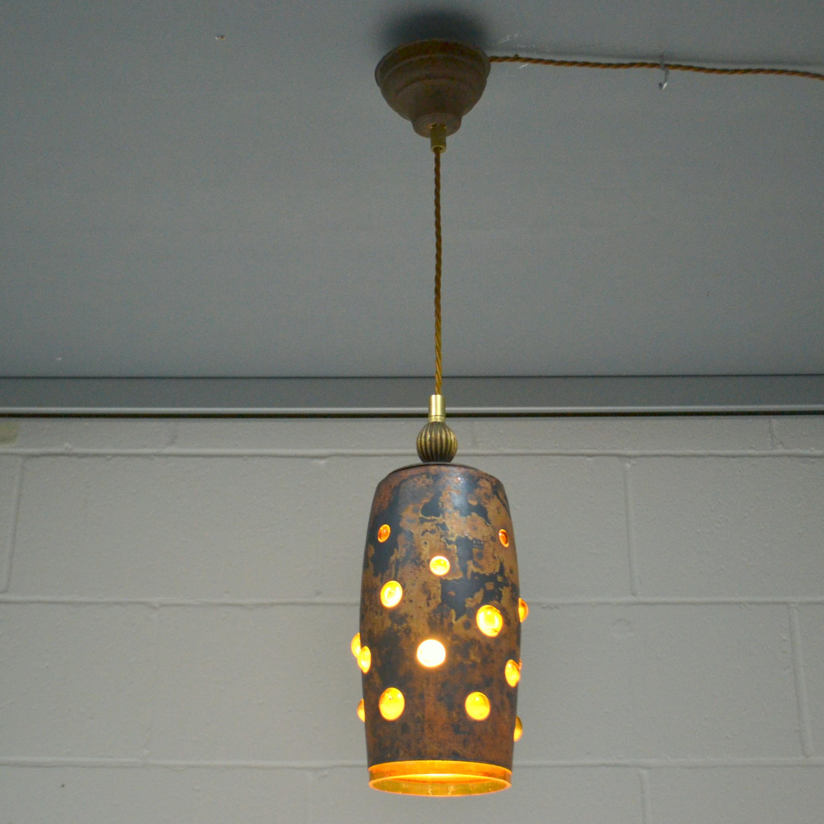Dutch Nanny Still Copper and Glass Pendant Lamps set of Three For Sale