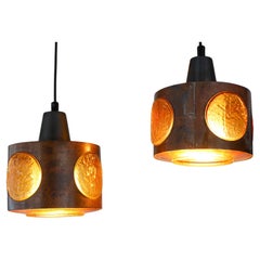 Lampes pendantes brutalistes en cuivre et verre Nanny Still, RAAK, années 1960
