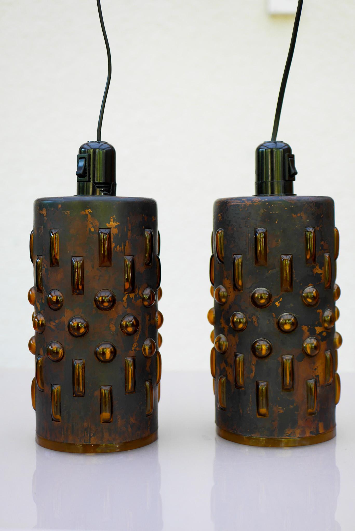 Néerlandais Pendentifs brutalistes en cuivre et verre de Nanny Still, RAAK, années 1960 en vente
