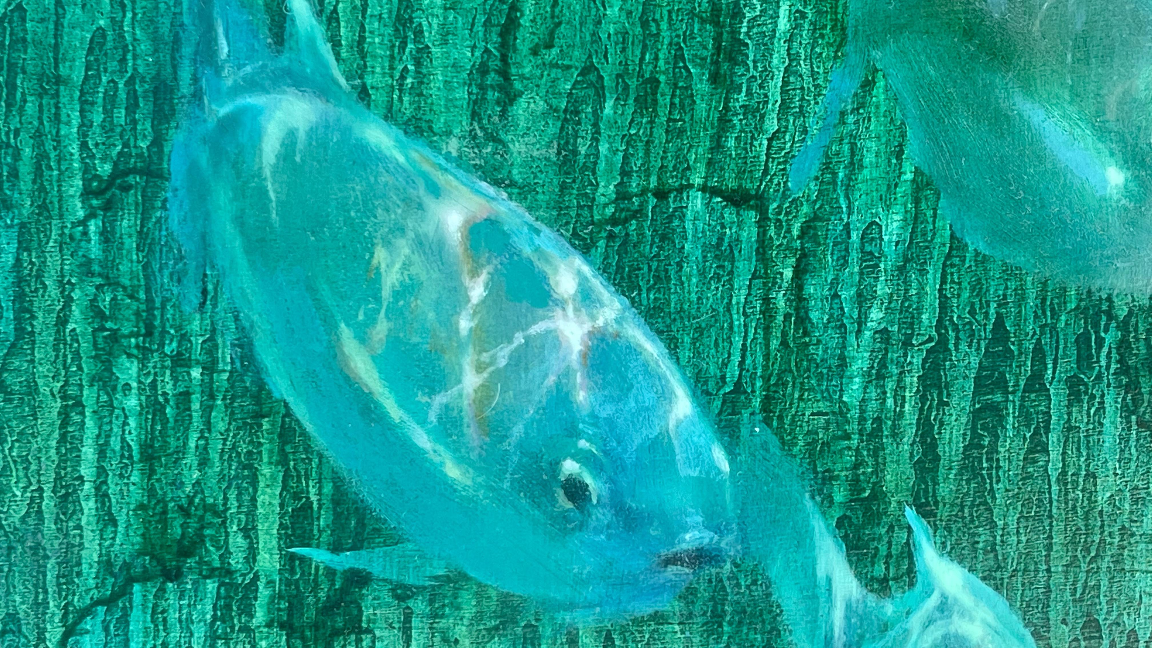 Freediver with Lemon Shark - Painting by Nansi Bielanski