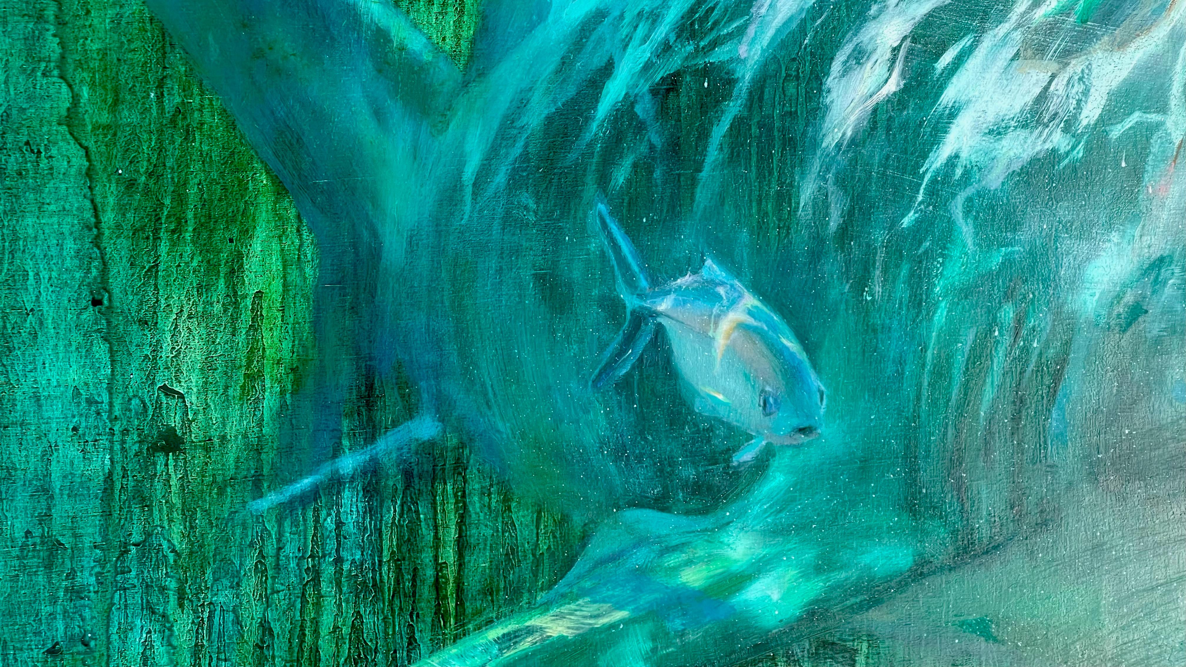 Freediver with Lemon Shark - Contemporary Painting by Nansi Bielanski