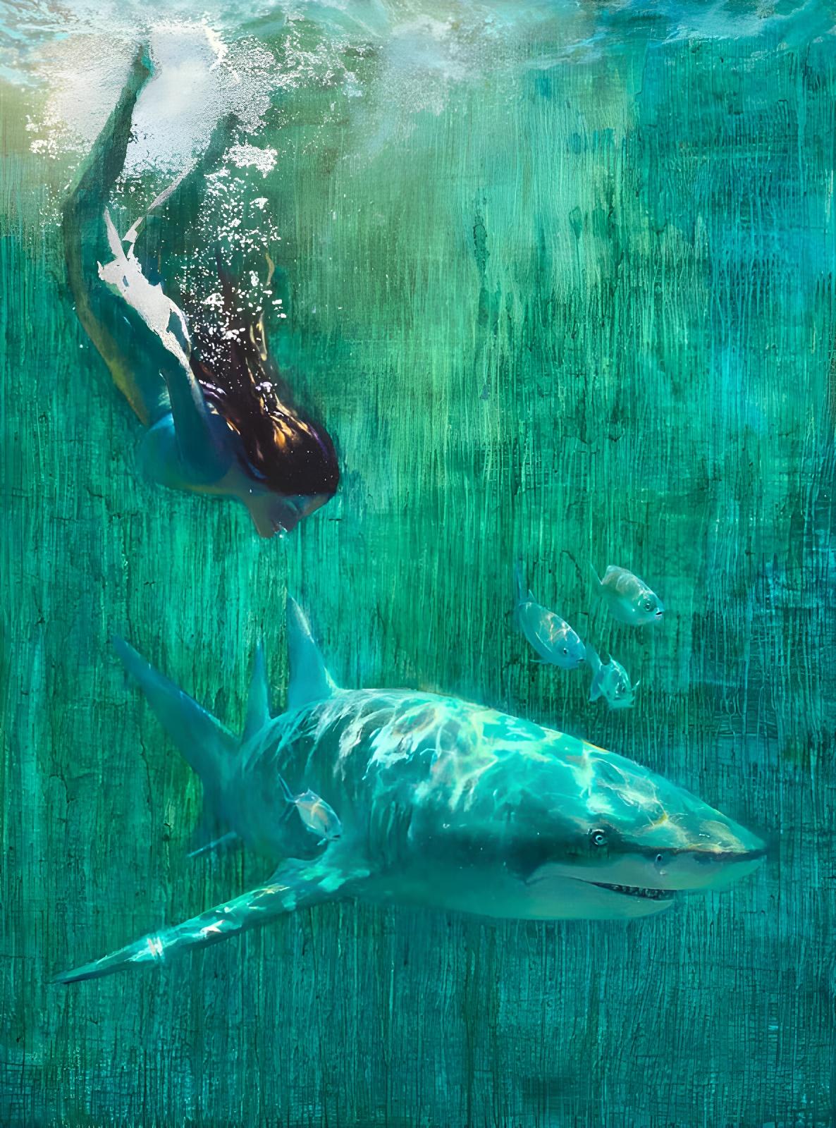 Nansi Bielanski Figurative Painting - Freediver with Lemon Shark