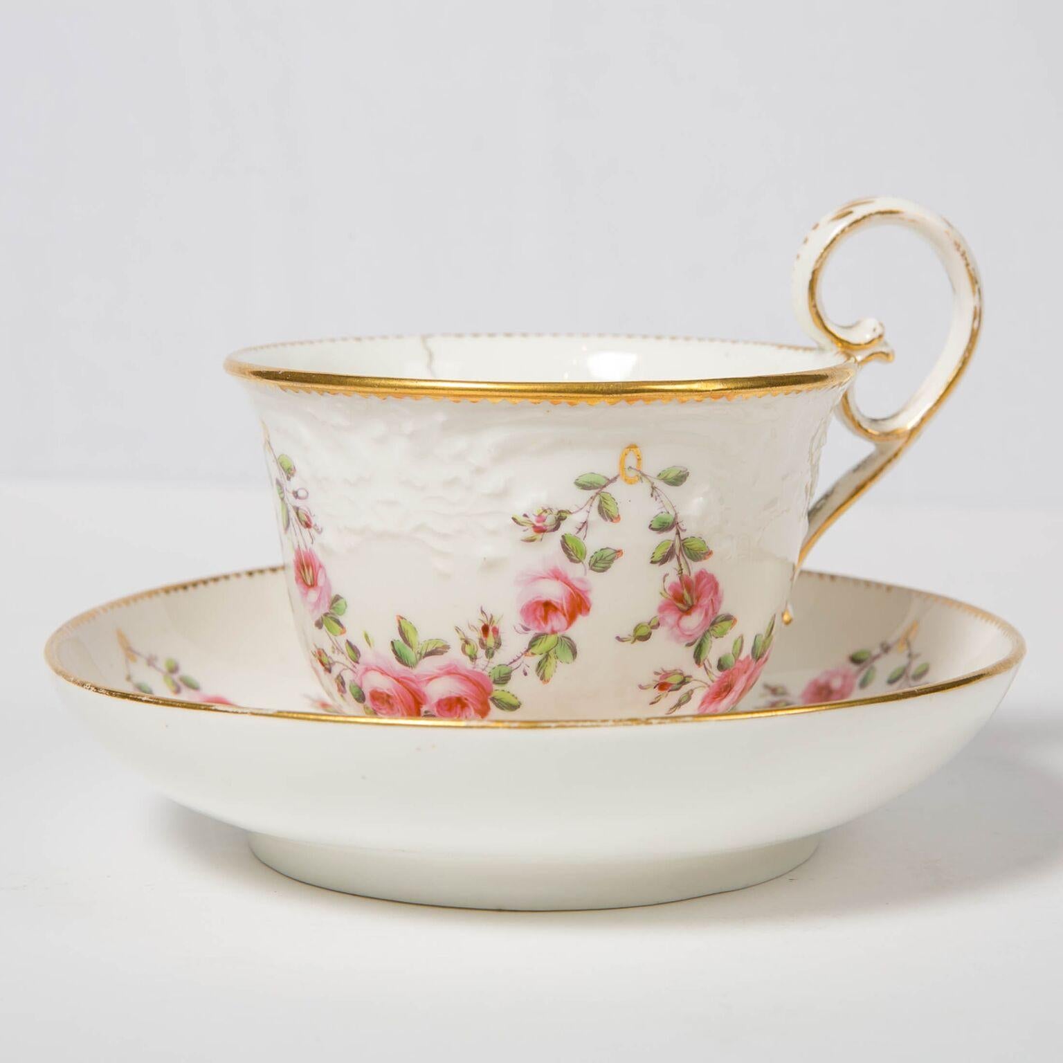 Hand-Painted Nantgarw Porcelain Breakfast Cup and Saucer with Pink Roses Wales, 1813-1822