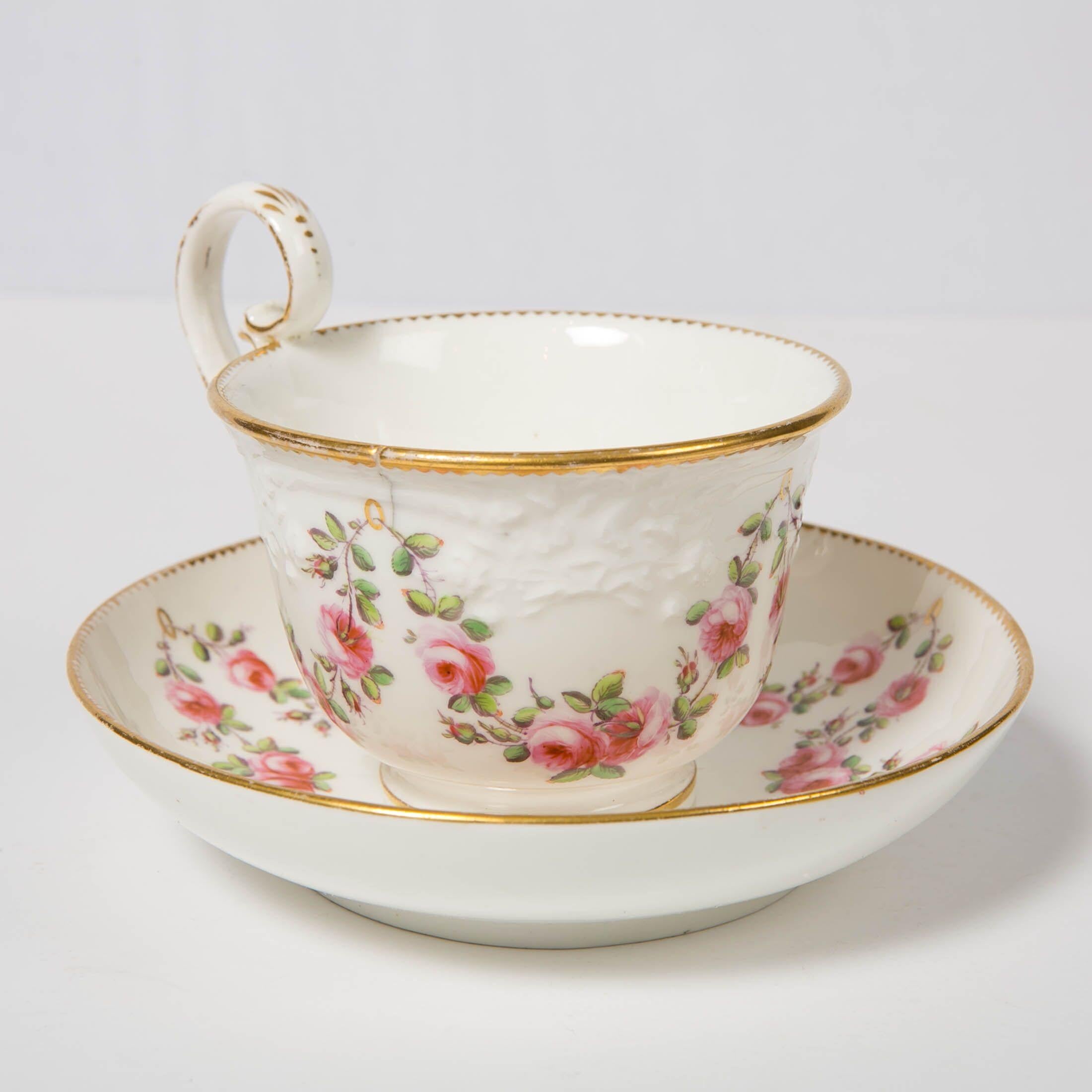 Nantgarw Porcelain Breakfast Cup and Saucer with Pink Roses Wales, 1813-1822 In Good Condition In Katonah, NY