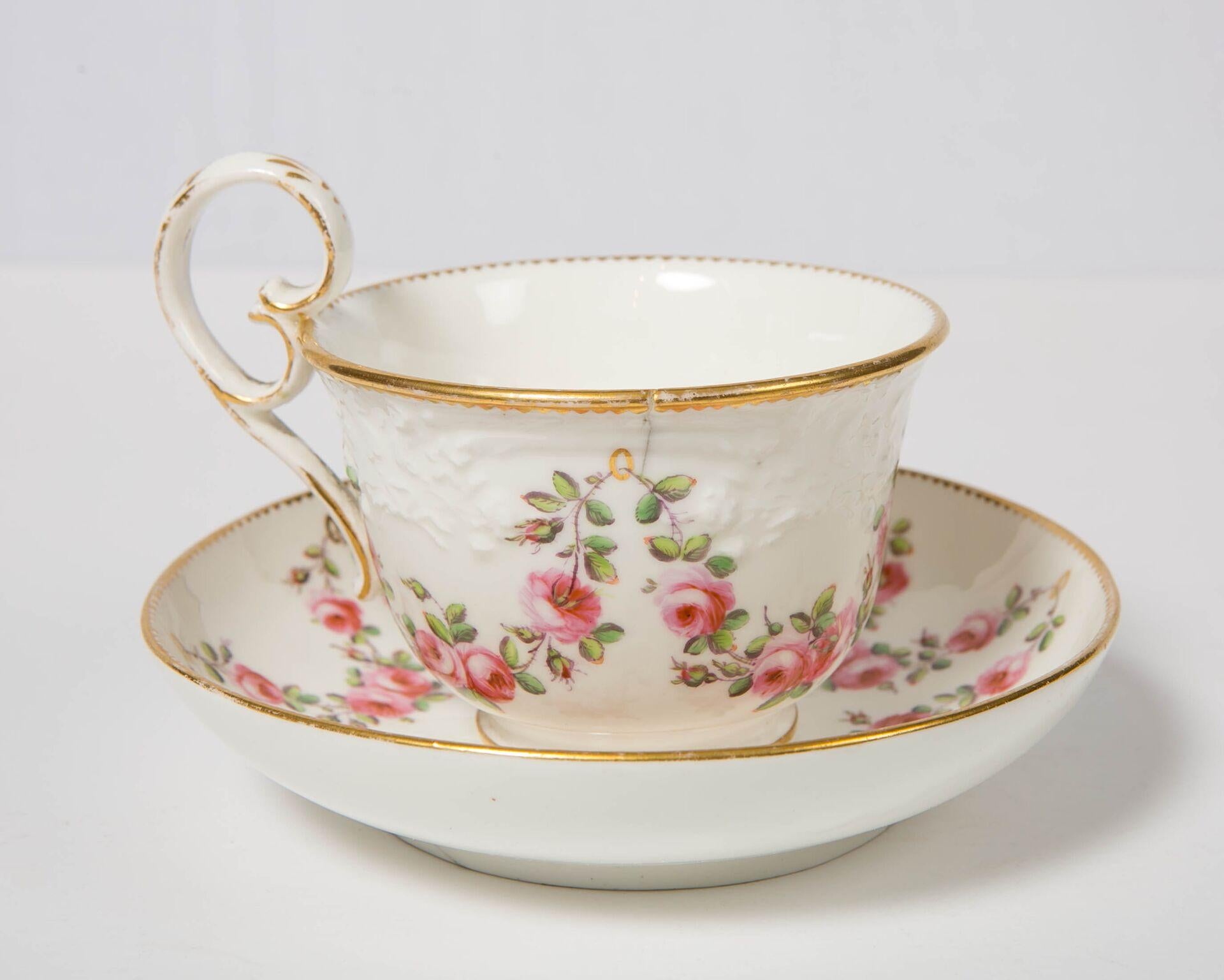 19th Century Nantgarw Porcelain Breakfast Cup and Saucer with Pink Roses Wales, 1813-1822