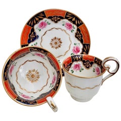 Antique Coalport Porcelain Teacup Trio, Orange with Roses, Regency, circa 1820