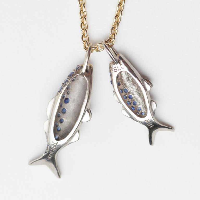nantucket tuna fish white gold pendant with diamonds and sapphires
