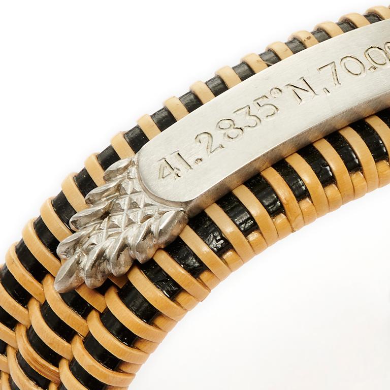 Ebony Weave Nantucket Basket Quarterboard Bracelet™ with Sterling Silver Quarterboard and endcaps. Shown here with the coordinates for Nantucket.
May also be custom engraved with your name, your house, your boat, your choice!

Price is inclusive of