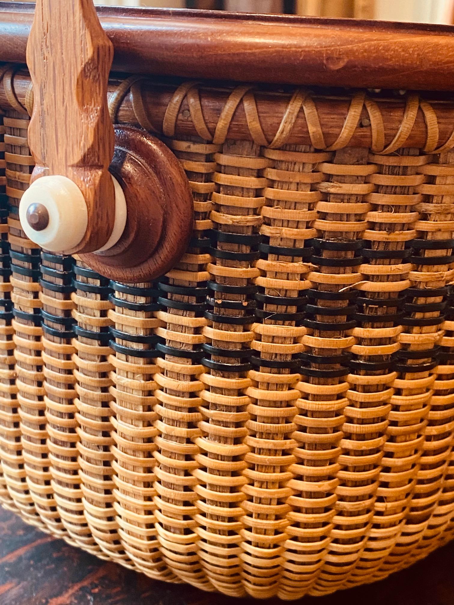 Folk Art Nantucket Basket with Stencil Decorated Top, by Harry Hilbert, 1995 For Sale