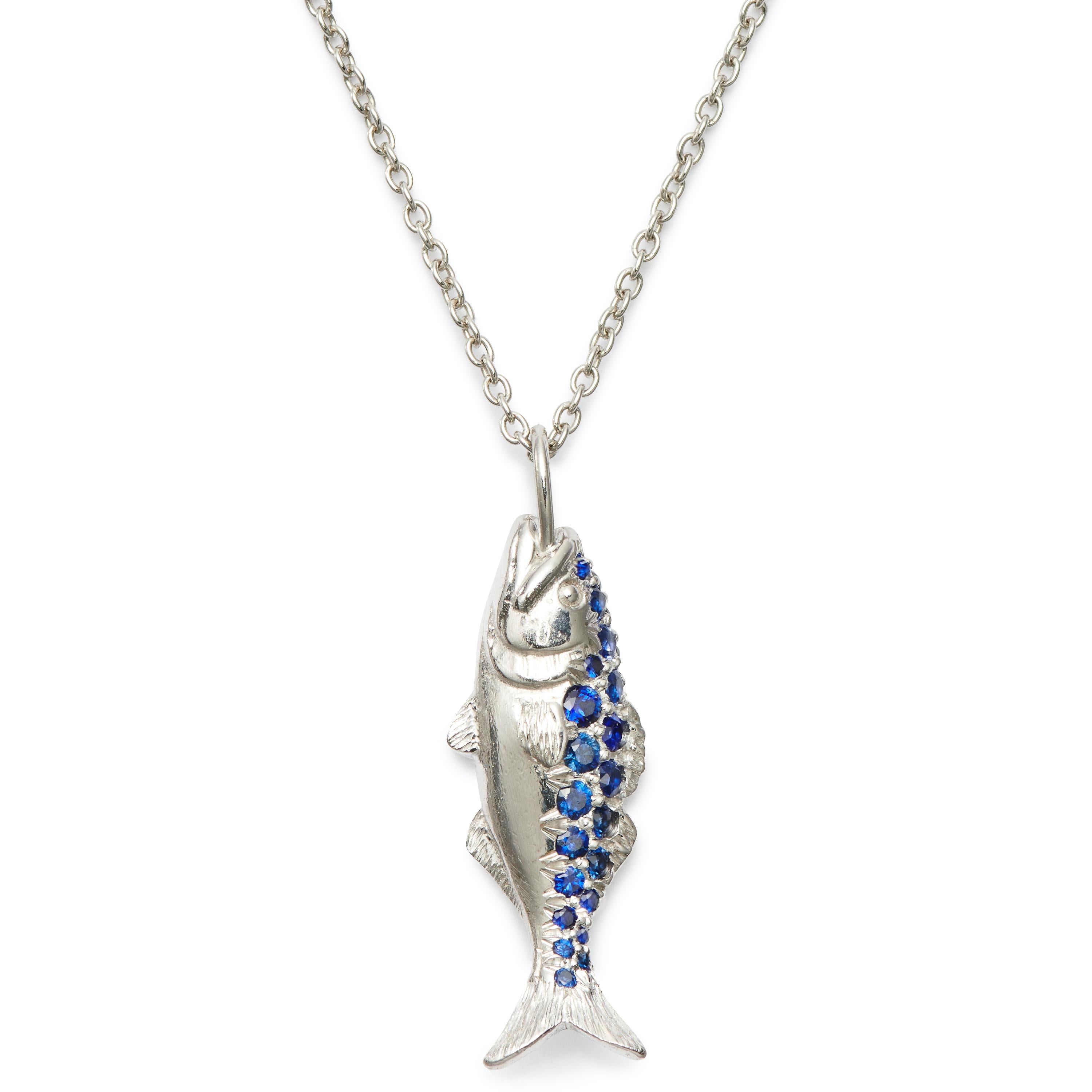 Blue Sapphires (0.61 Carat) shimmer like the sea in these 18 Karat Palladium White Gold Bluefish pendants. Available in two sizes, to be worn individually, together or with Tuna and Striped Bass pendants from the collection. 

18kt Gold clasp and