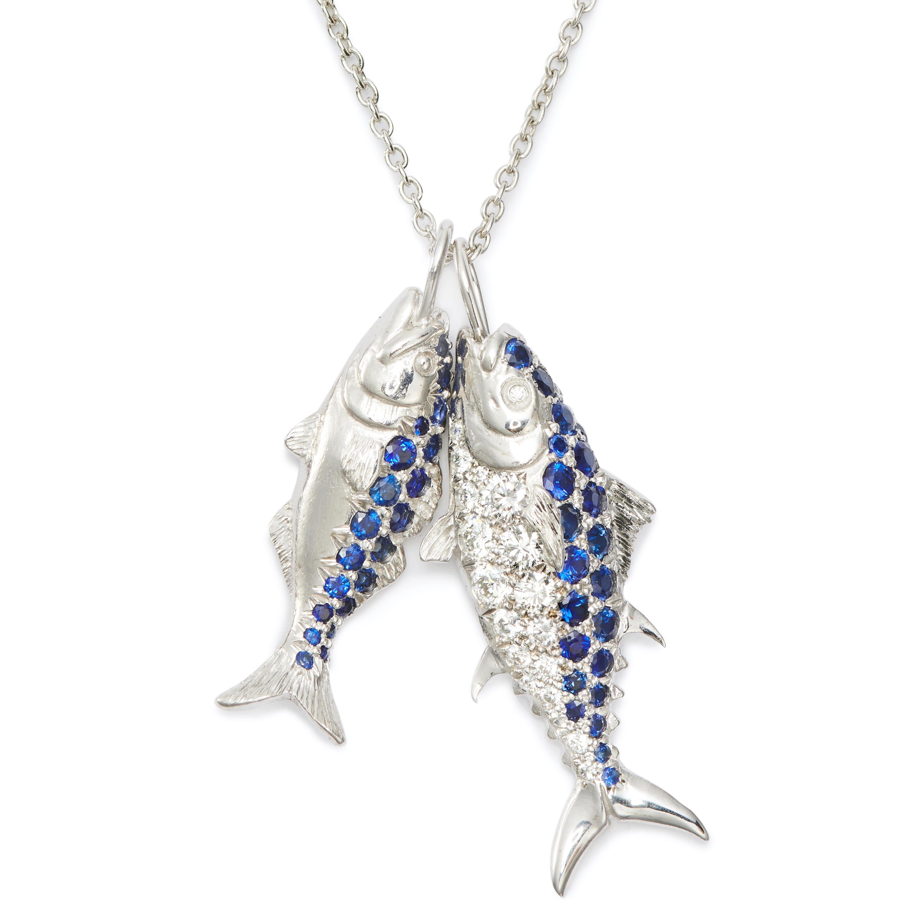Contemporary Susan Lister Locke Nantucket Bluefish 0.61ct Sapphire and 18K White Gold Pendant For Sale