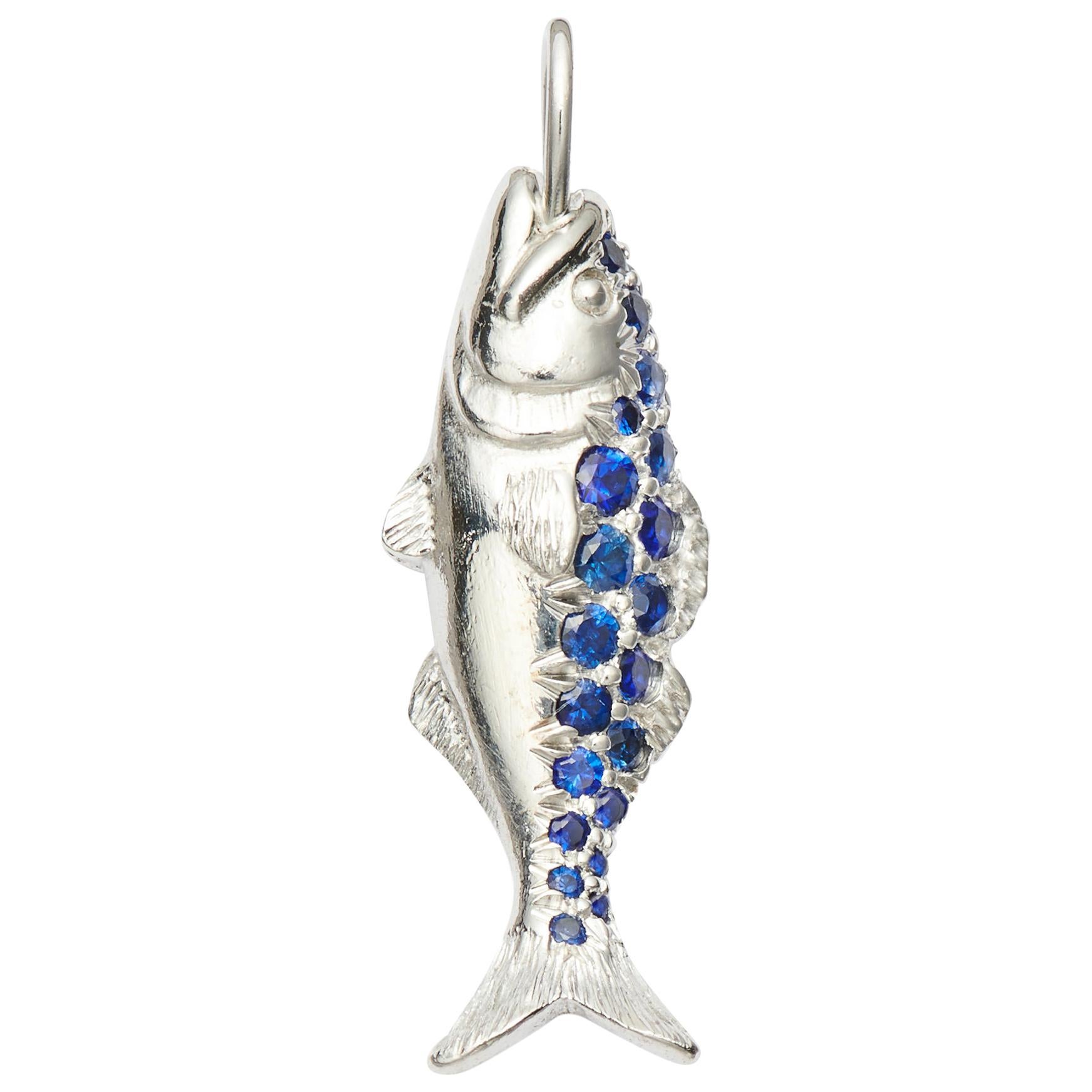 Susan Lister Locke Nantucket Bluefish 0.61ct Sapphire and 18K White Gold Pendant For Sale