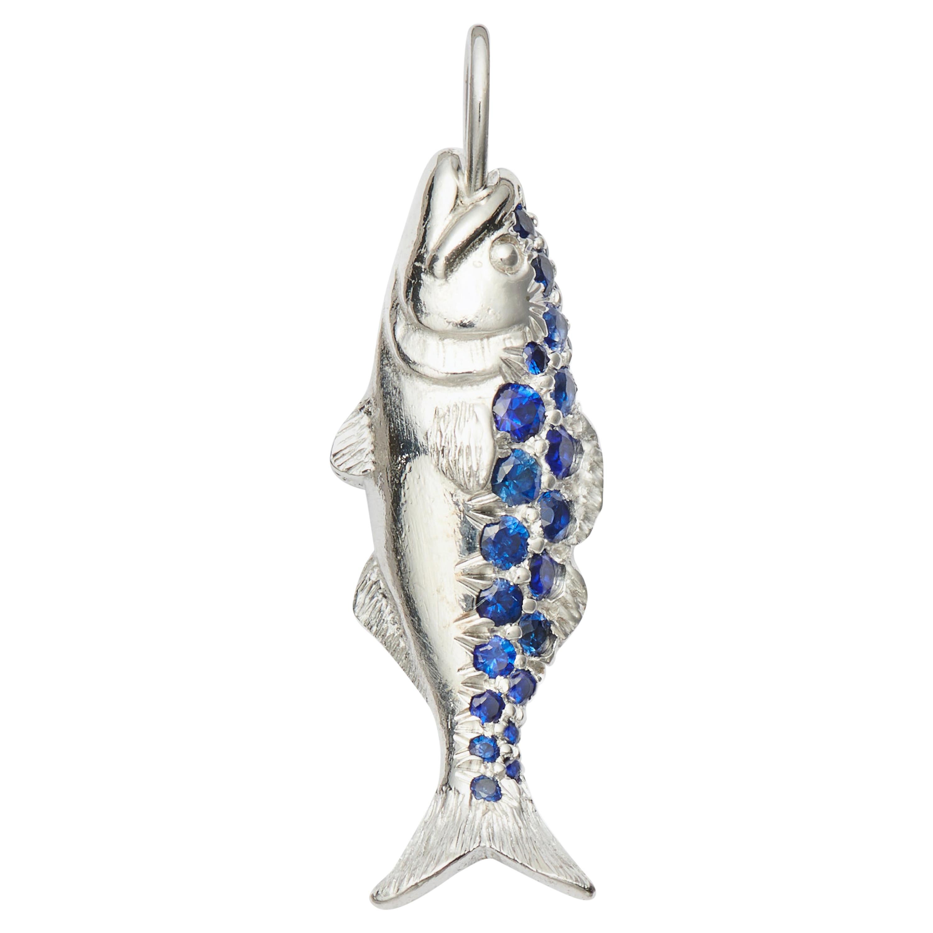 Susan Lister Locke Nantucket Bluefish Sapphire and 18K White Gold Small Pendant For Sale