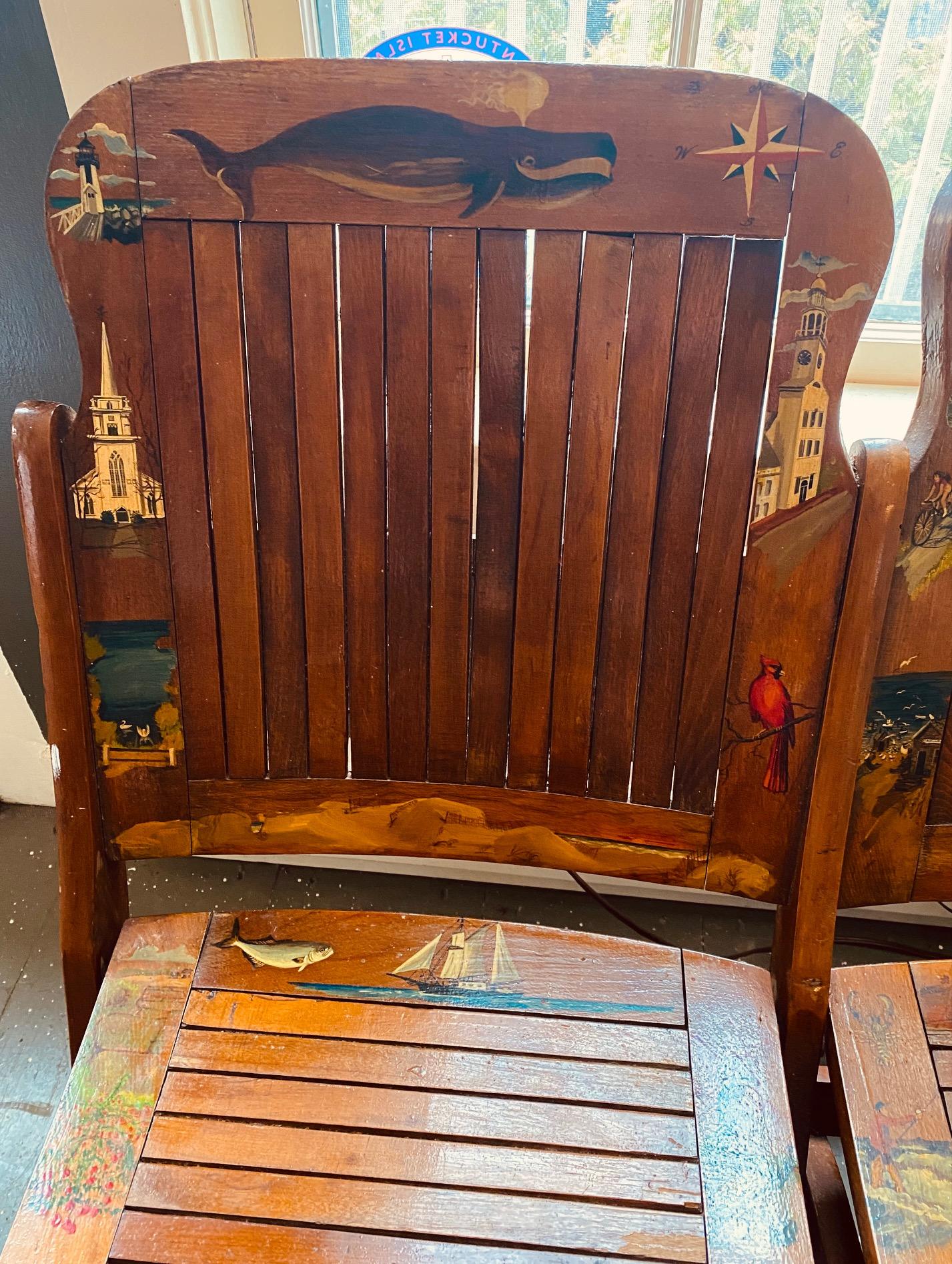 Antique Nantucket Hand Decorated Folding Double Chair from Steamship or Theater 5