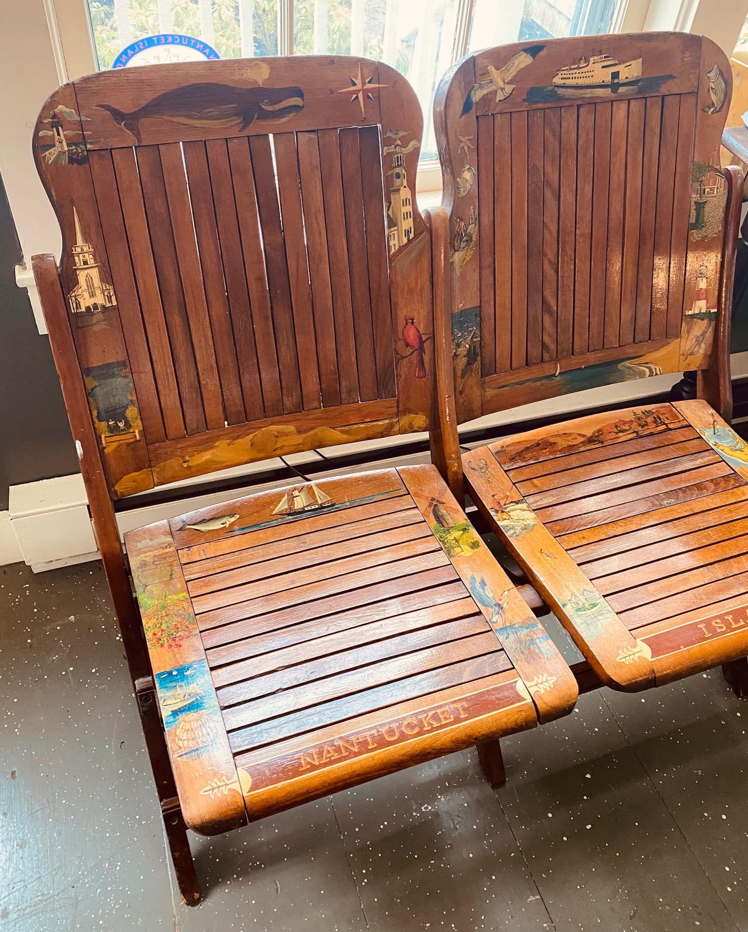 Antique Nantucket Decorated Folding Double Chair, circa 1920s, believed to be from a Nantucket Theater or the Steamship 