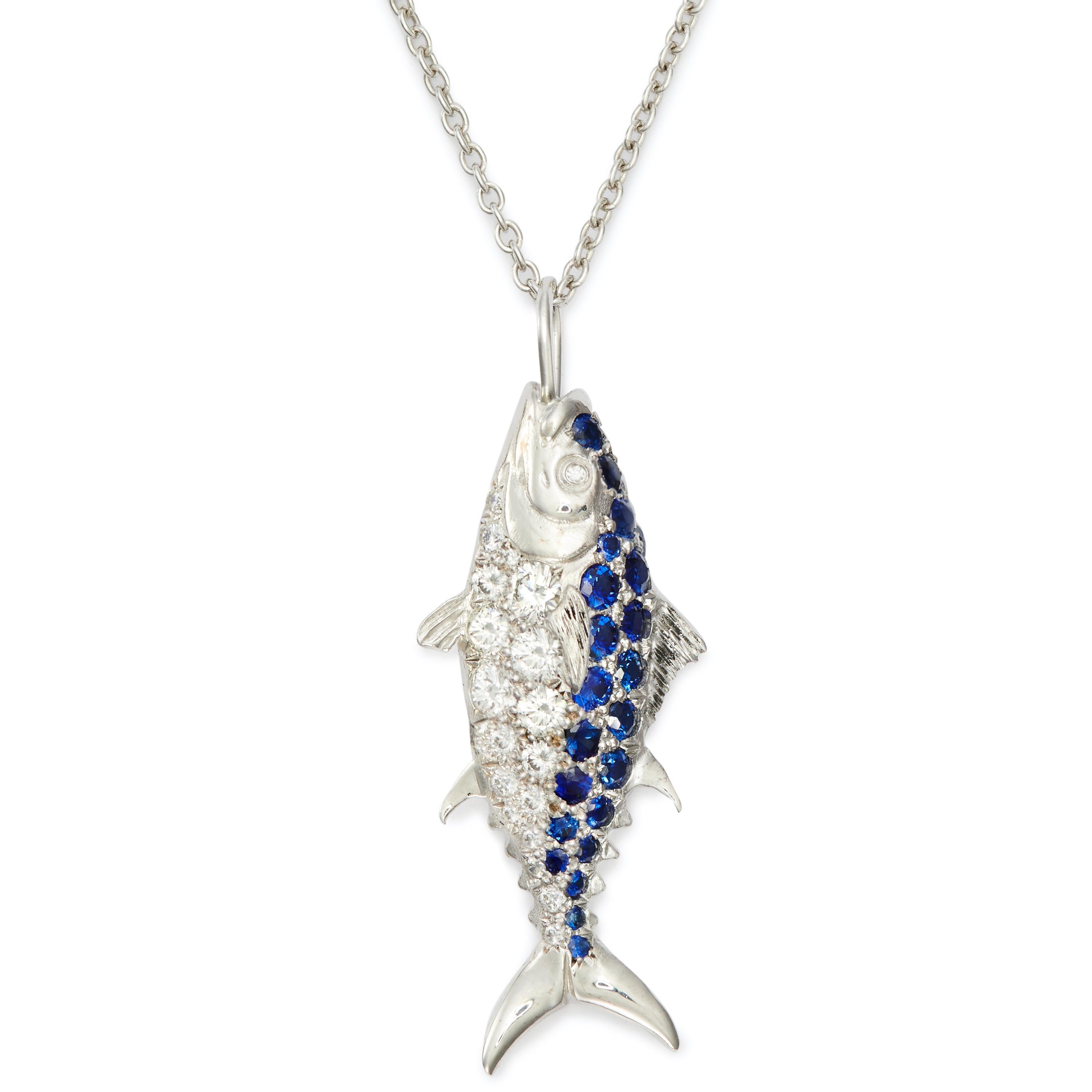 Make one your catch of the day.

18 Karat White Gold Nantucket Tuna Fish Pendant, set with Diamonds and Sapphires.

Chain and 18 Karat Gold clasp sold separately.

***Please note: The listed price reflects a single Diamond and Sapphire Pendant (as