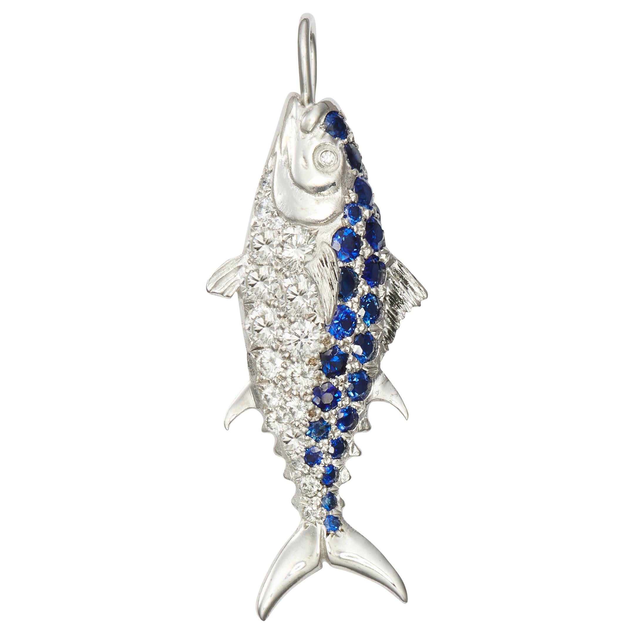 Susan Lister Locke Nantucket Diamond and Sapphire Tuna Fish Pendant For Sale