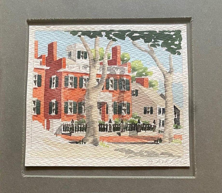 Vintage Nantucket East Brick aquarelle par Doris & Richard Beer, circa 1940, une aquarelle sur papier vue de l'East Brick sur Nantucket, signée au crayon à droite. Doris et Richard Beer (1898-1967 et 1893-1959 respectivement) ont produit une série