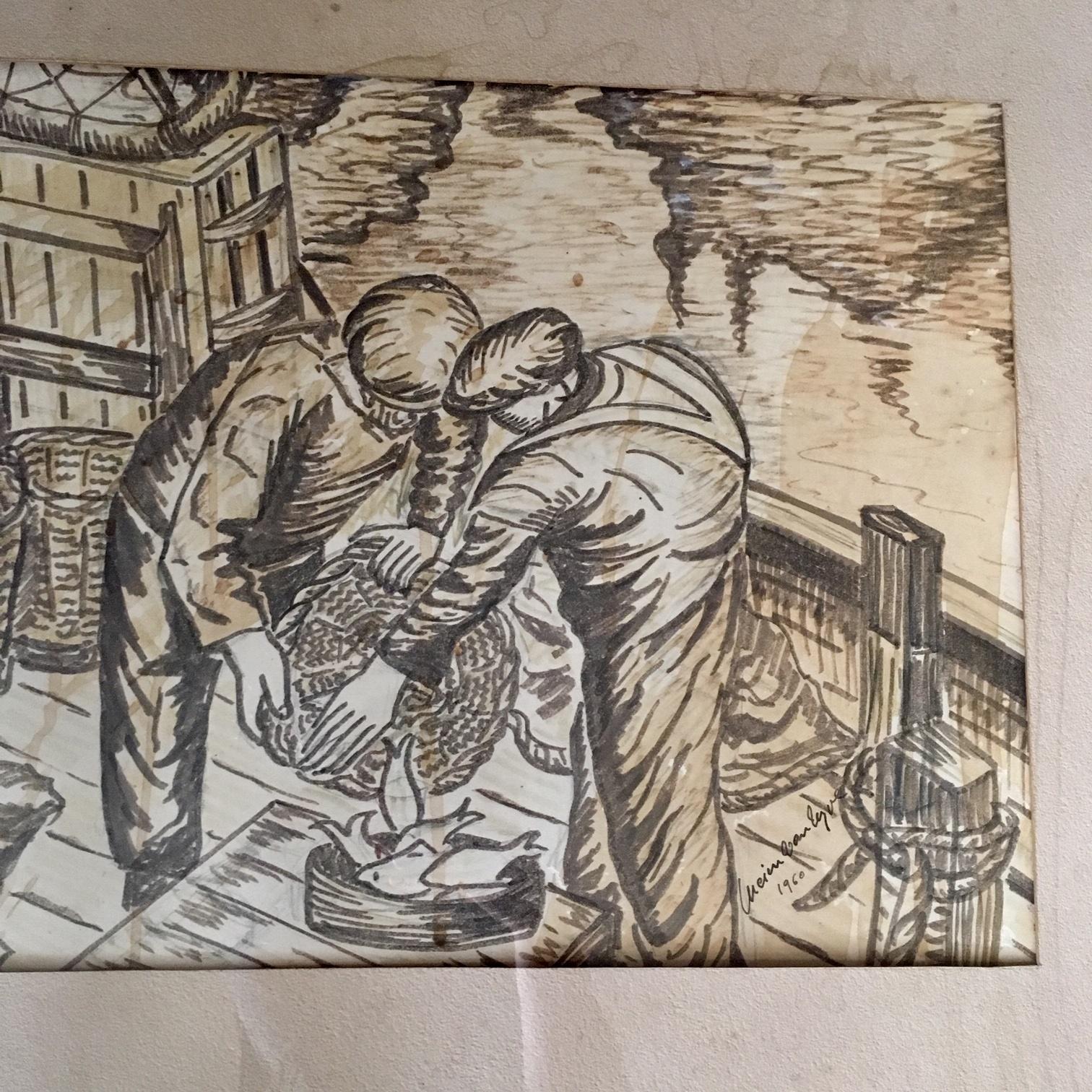 “Nantucket Harvest” by Lucien Van Vyve, 1960, an en grisaille watercolor on paper modernist painting of two fishermen on deck loading a basket of fish, with gear, rigging and reflective water in background, signed and dated in the lower right and