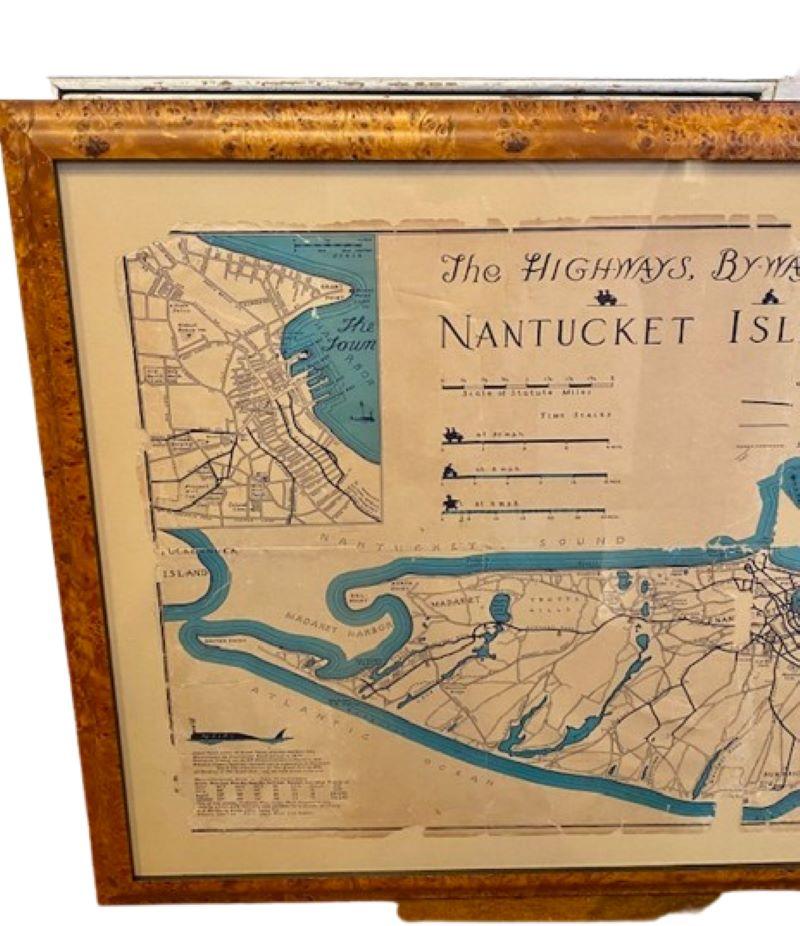 Carte décorative de Nantucket High-Ways, By-Ways and Not-Ways par Tony Sarg, (Nantucket : 1880 - 1942) circa 1930, une carte touristique décorative de l'île de Nantucket avec des détails sur les routes et les chemins, avec des noms de lieux de