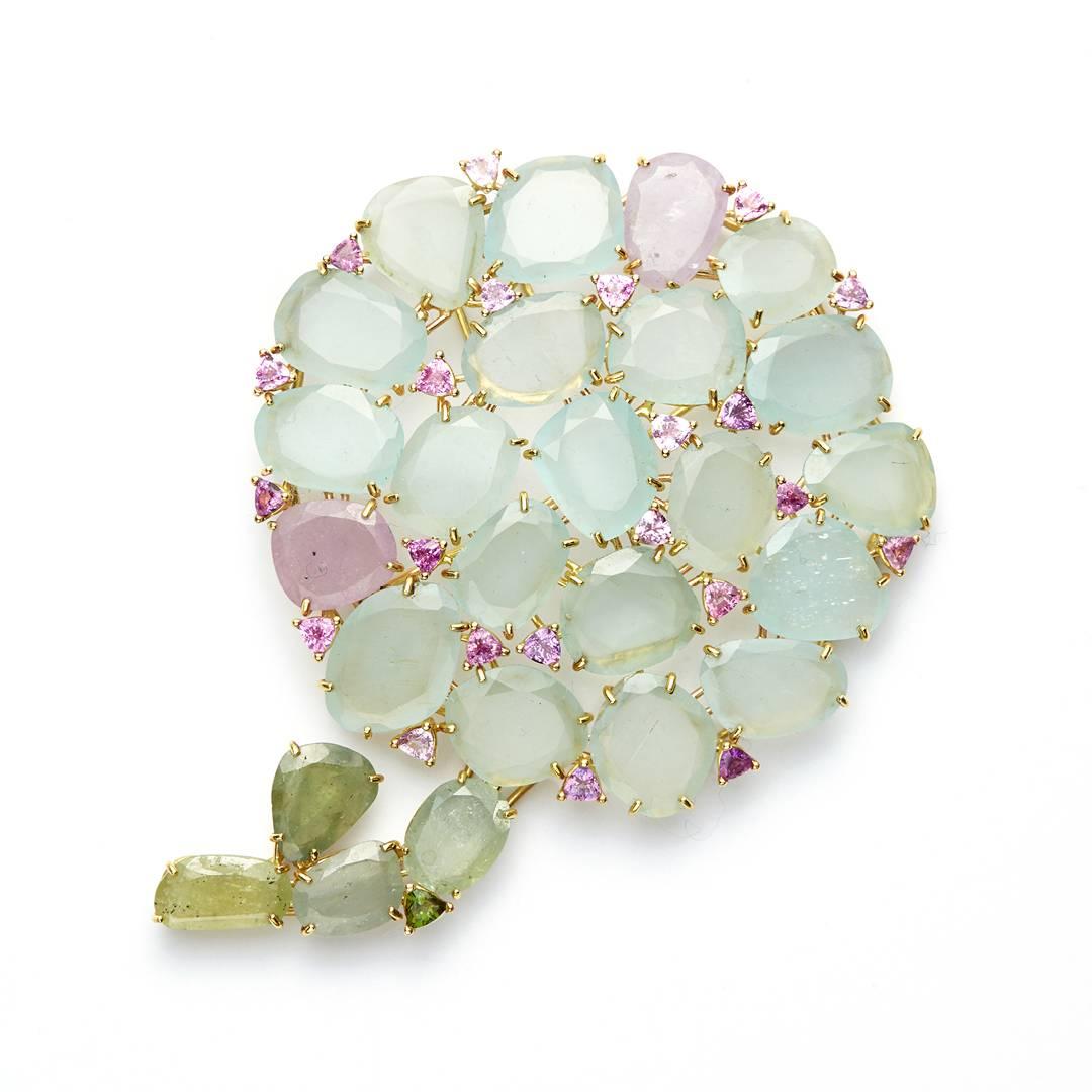 Susan Lister Locke 113.25ct Aquamarine & Pink & Green Sapphire Hydrangea Pendant For Sale 2