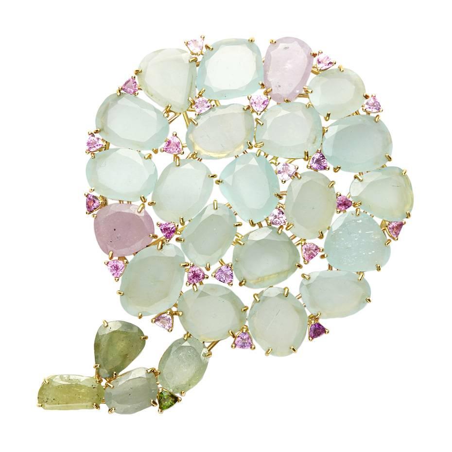 Susan Lister Locke 113.25ct Aquamarine & Pink & Green Sapphire Hydrangea Pendant For Sale