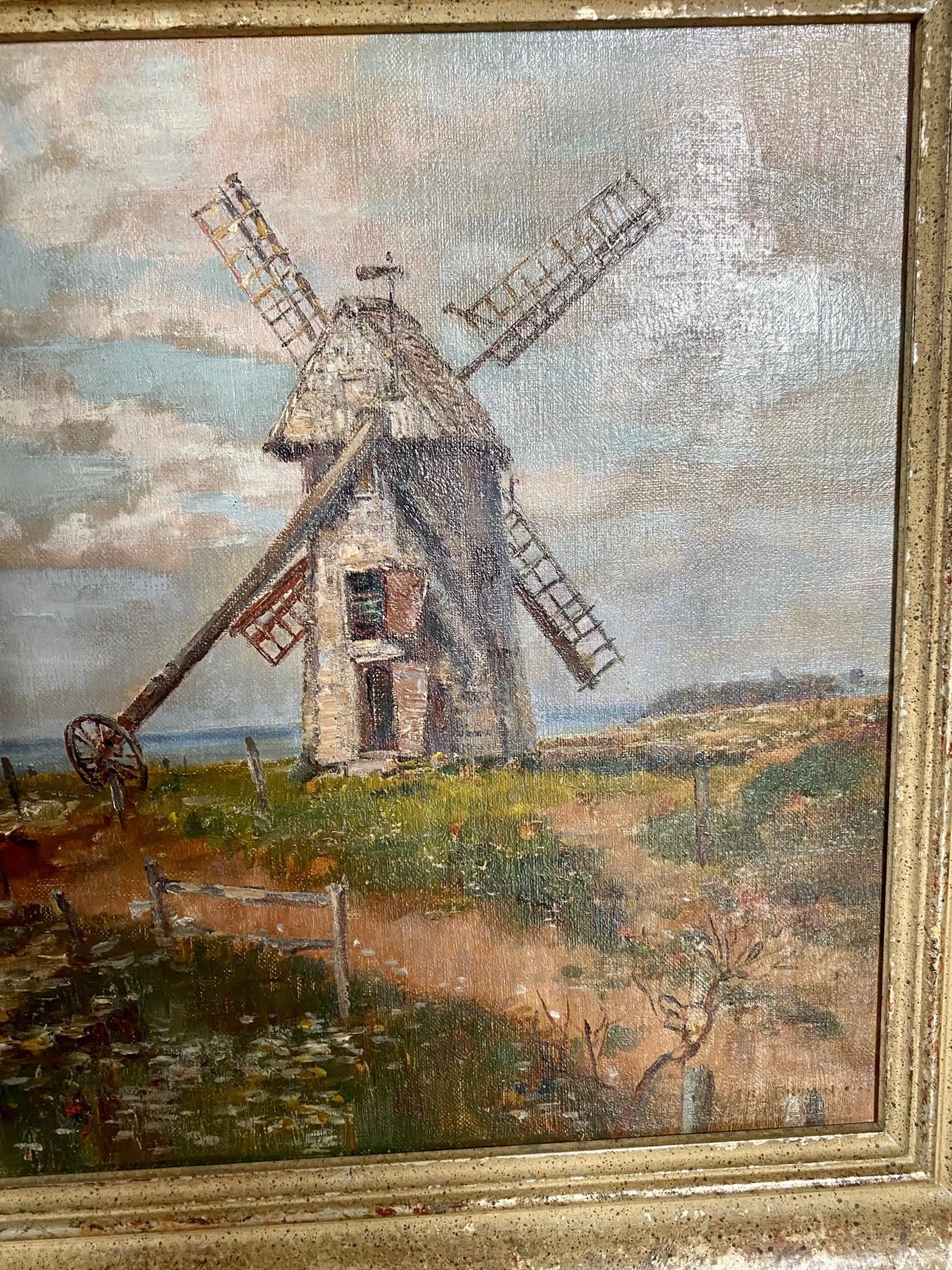 Nantucket Landscape Painting with The Old Mill by Walter Francis Brown, circa 1900, an oil on canvas view of the historical grist mill atop hill with summer bloom of Queen Anne's Lace in the foreground, and view clear to Nantucket harbor in the