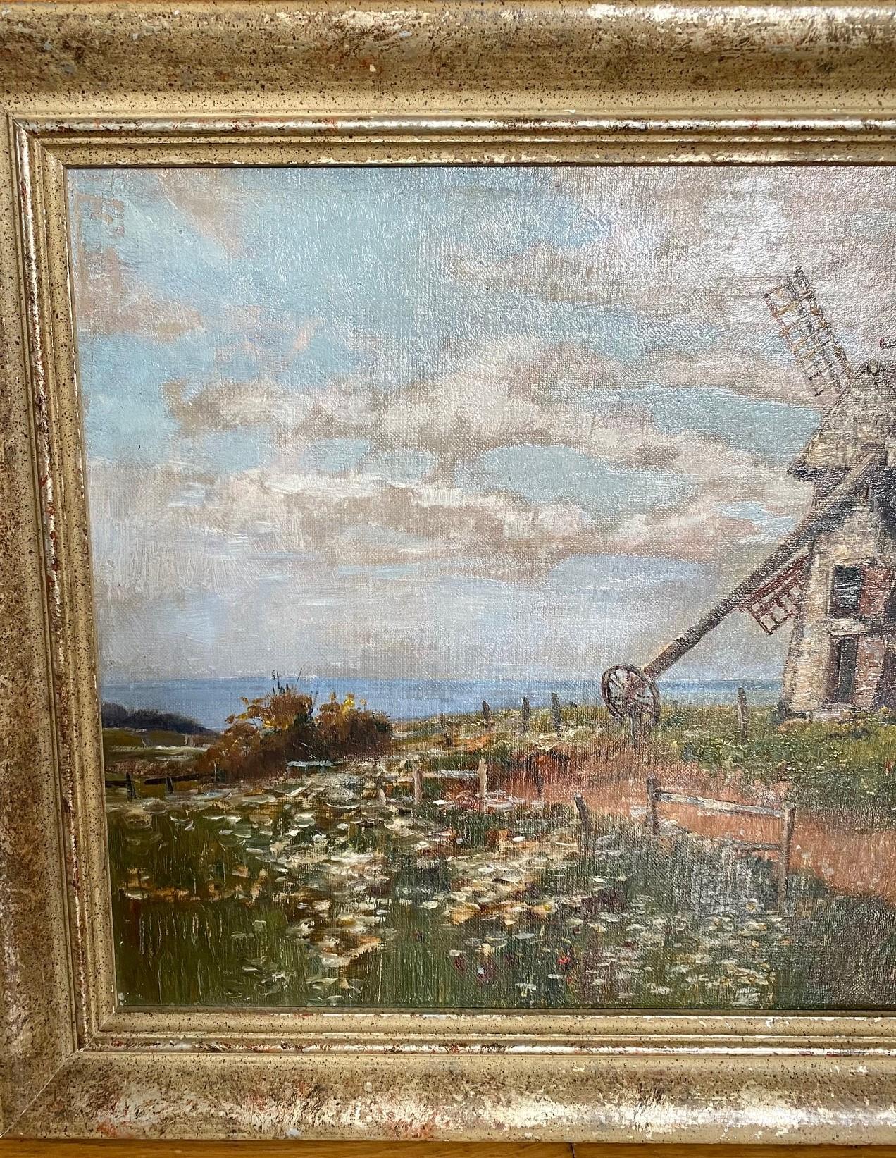 American Nantucket Landscape Painting with The Old Mill by Walter Francis Brown, ca 1900