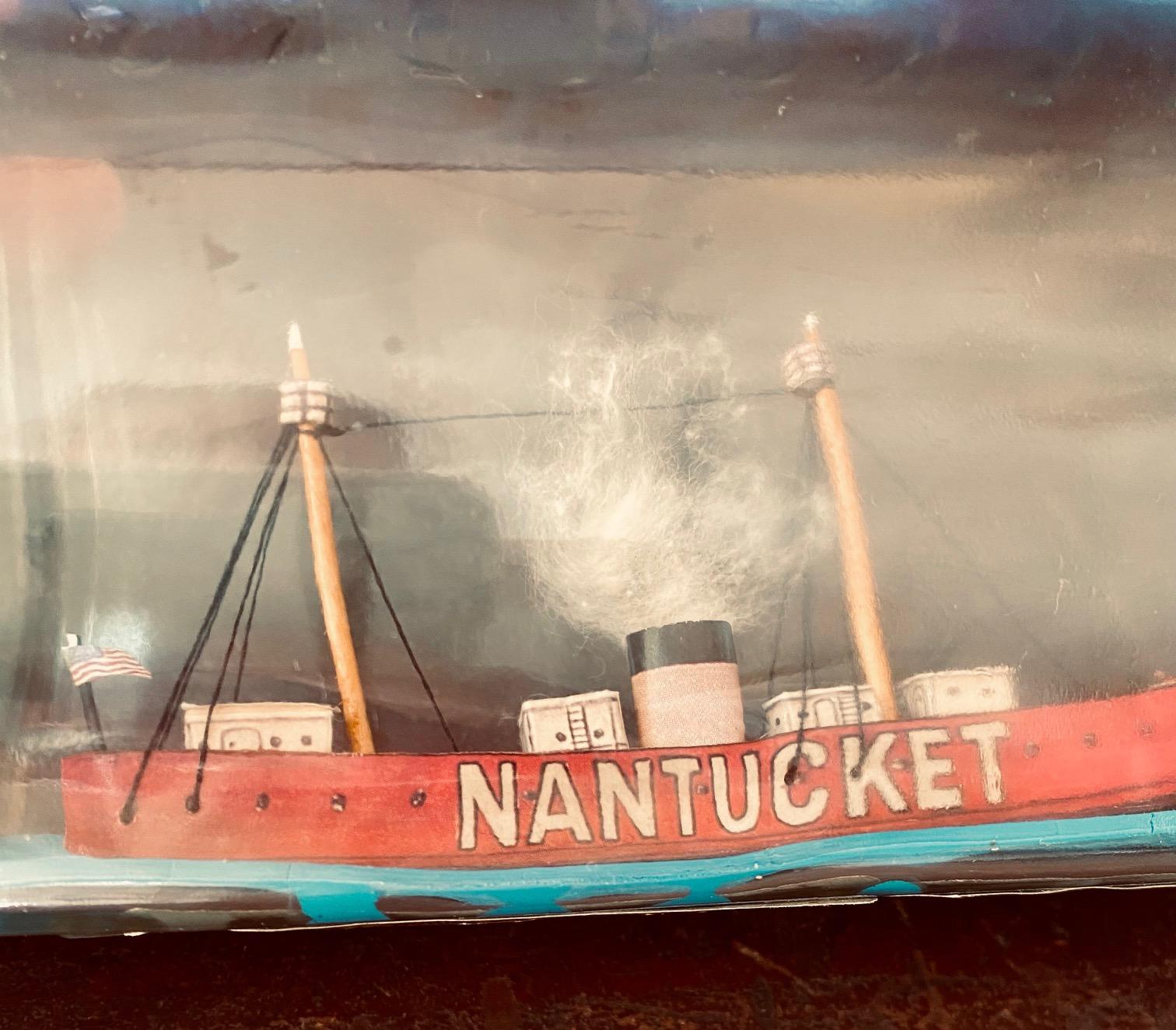 Folk Art Vintage Nantucket Lightship Ship-in-a-bottle, circa 1960's.