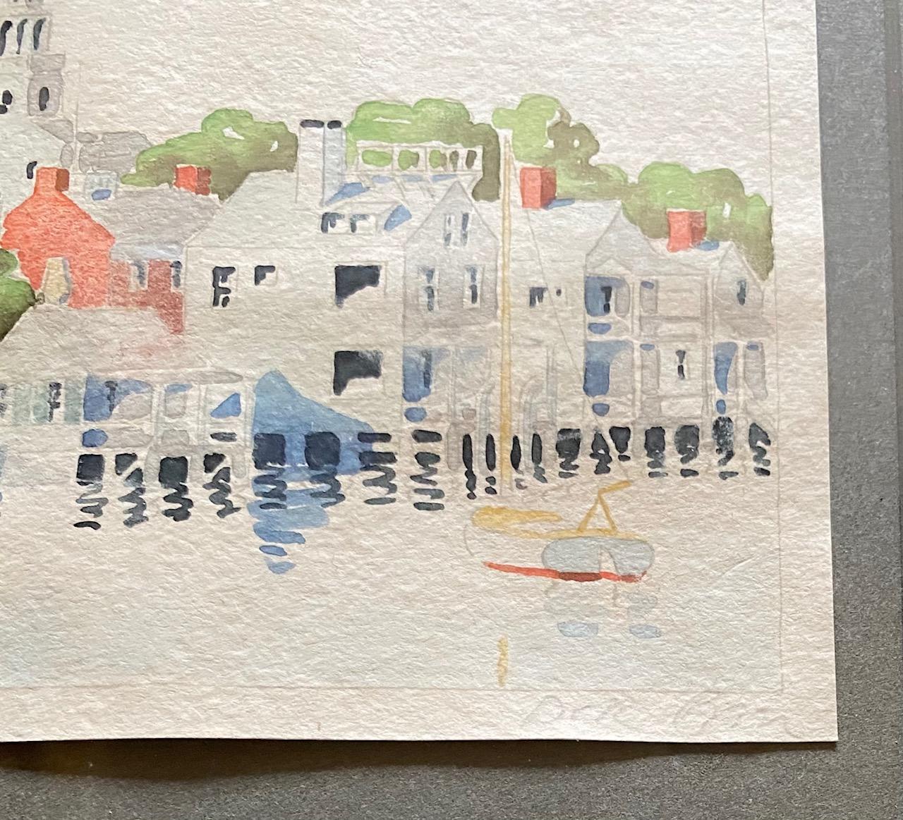 Folk Art Nantucket Old North Slip Watercolor by Doris & Richard Beer, circa 1940 For Sale