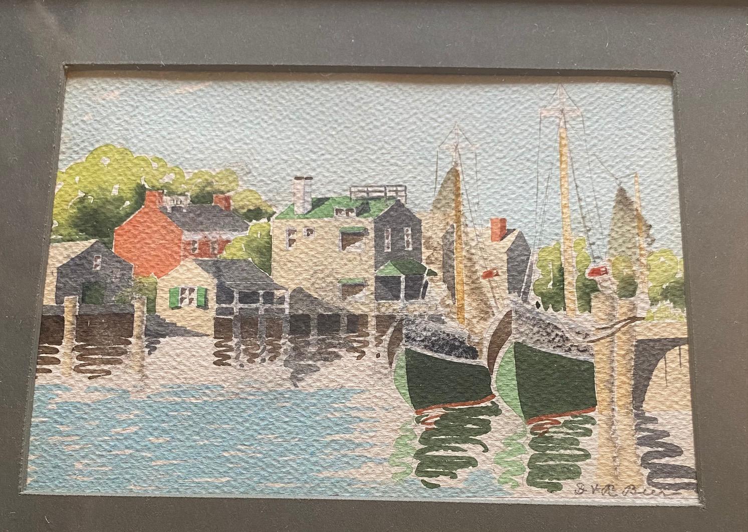 Vintage Nantucket old north Wharf watercolor by Doris & Richard Beer, circa 1940, a watercolor on paper view of Old North Wharf, signed in pencil power right, and retaining its original printed description by the Beers. This is a larger painting