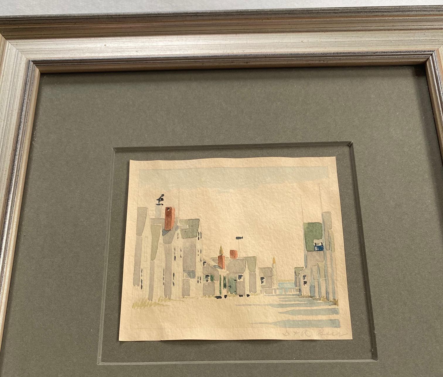 Vintage Nantucket Old North Wharf Watercolor by Doris & Richard Beer, circa 1940, a watercolor on paper view of Old North Wharf, signed in pencil power right. Doris and Richard Beer (1898-1967 and 1893-1959 respectively) produced a well-known series