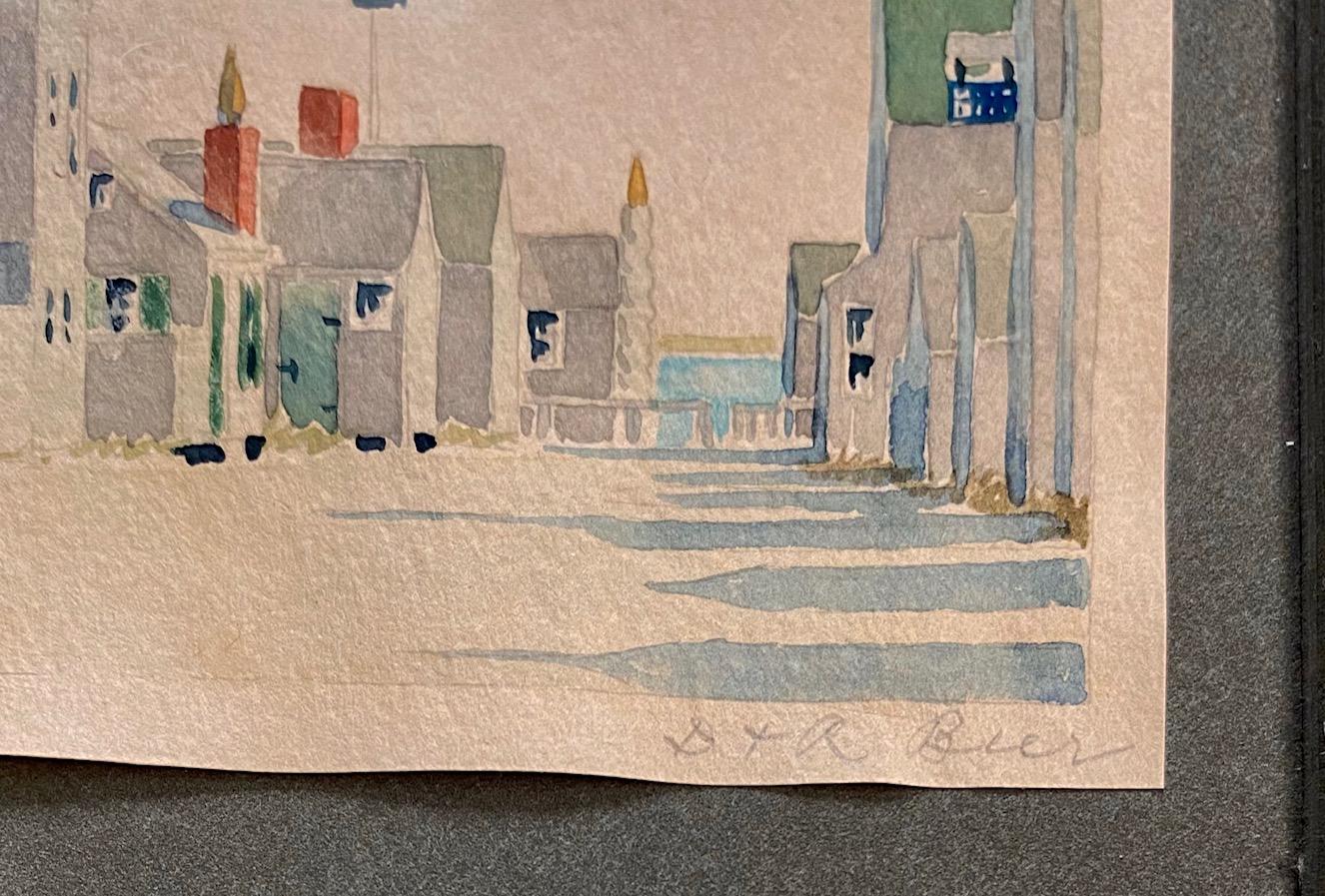 American Nantucket Old North Wharf Watercolor by Doris & Richard Beer, circa 1940 For Sale