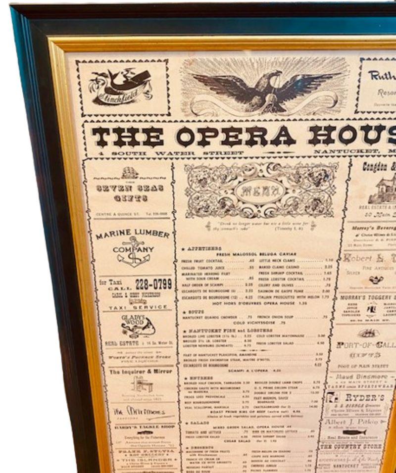 Rare Vintage Menu from the Opera House Restaurant on Nantucket, circa 1960s. The beloved and fondly missed Opera House was the iconic restaurant owned and operated by Gwen Gaillard on South Water Street. While 