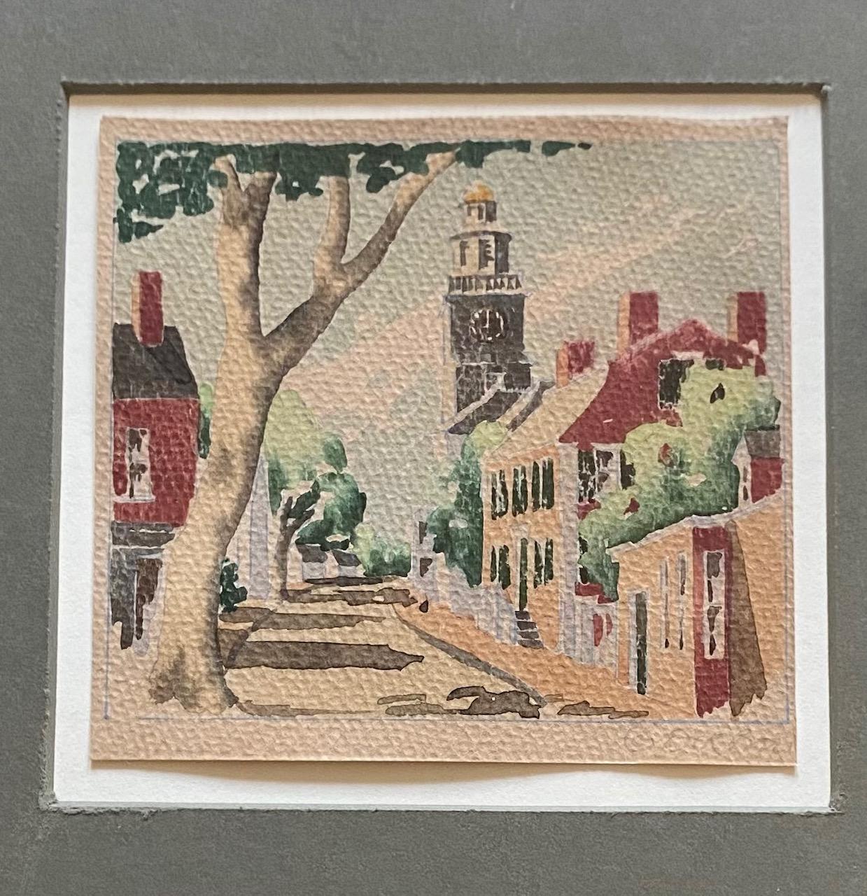 Vintage Nantucket orange street watercolor by Doris & Richard Beer, circa 1940, une aquarelle sur papier vue d'orange street, signée au crayon à droite. Doris et Richard Beer (respectivement 1898-1967 et 1893-1959) ont produit une série bien connue