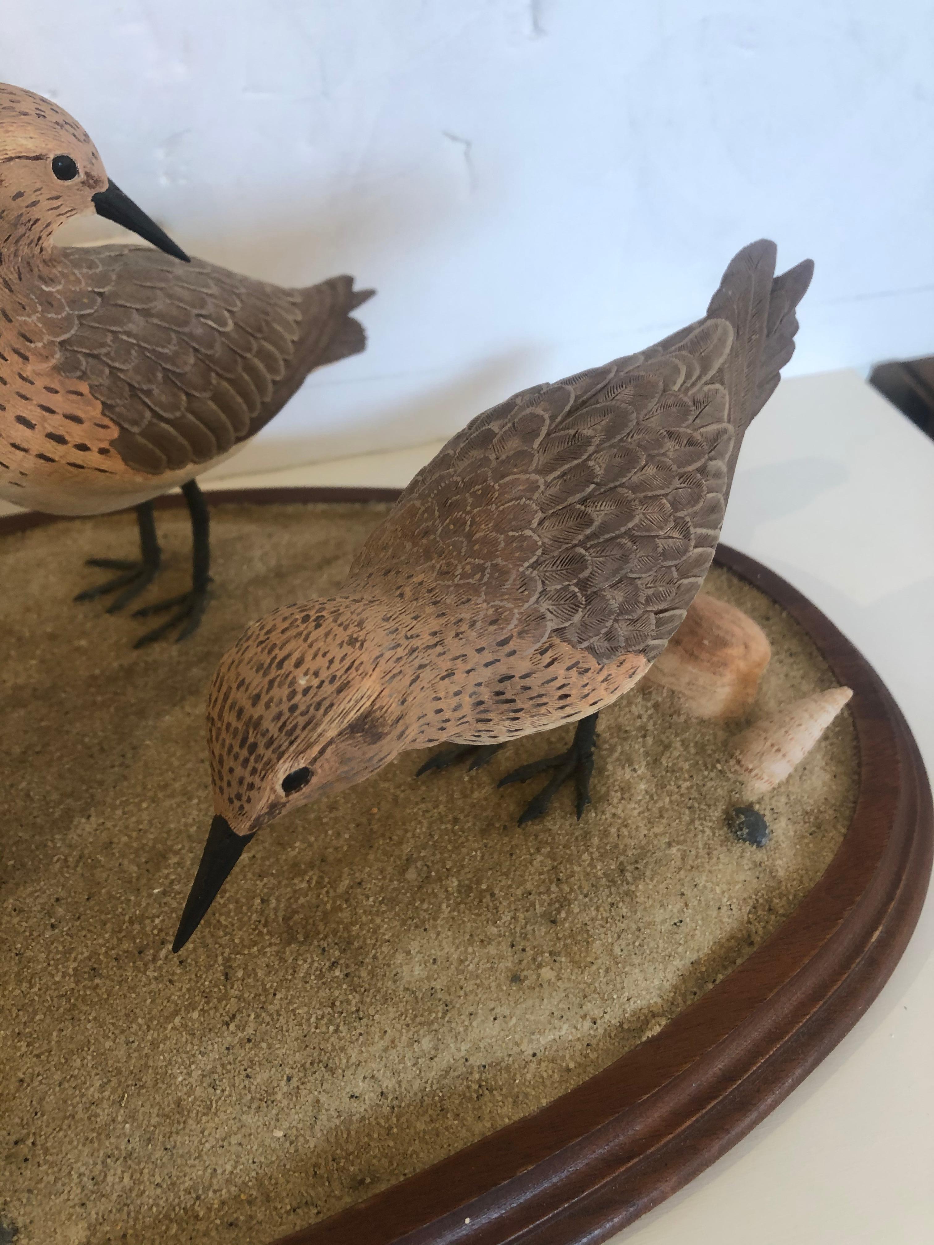 North American Nantucket Oval Tabletop Sculpture of Carved Wood Sandpipers on the Beach For Sale