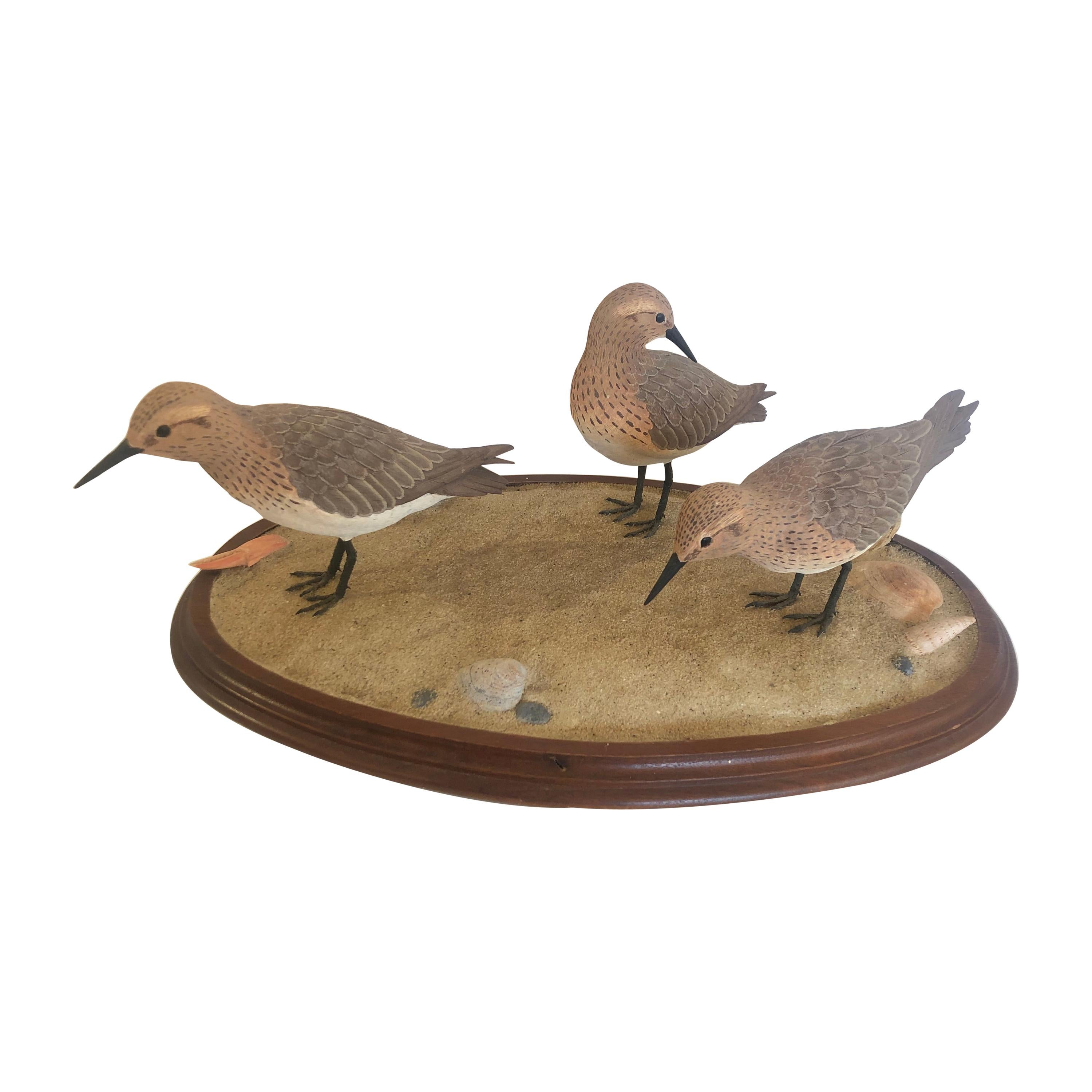 Nantucket Oval Tabletop Sculpture of Carved Wood Sandpipers on the Beach