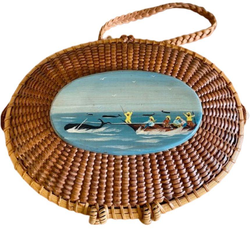 Artisanat Porte-monnaie Nantucket avec paysage marin peint sur le dessus, par Barbara Grey, vers 1995 en vente