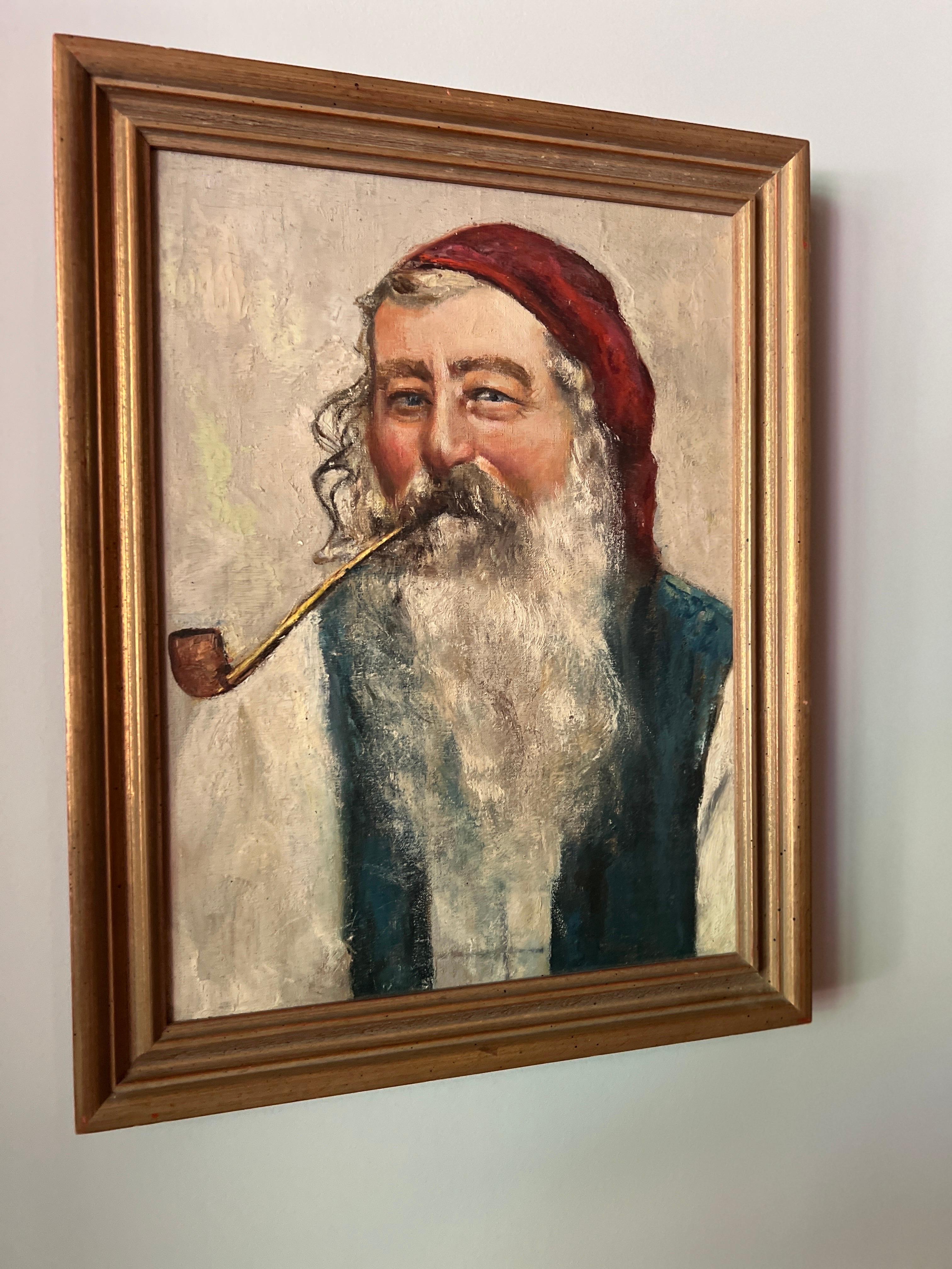 American (Nantucket School), early 20th century.

An antique painting of a sea captain, named Walter by the painter on verso. Dressed with a red hat, blue vest, long beard and smoking a tobacco pipe. Unsigned by artist. 
From a Cape Cod Estate.