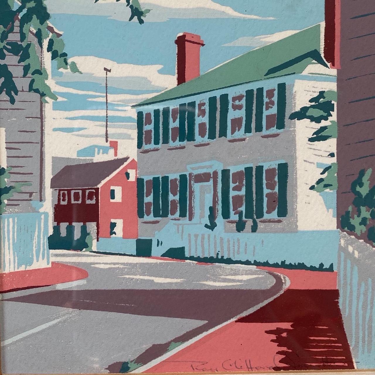 Vintage Nantucket Serigraph of Union Street by Roy Clifford Smith, circa 1920s-1940s, depicting the historic whaling Captain Ayer's house along the bend of Union Street, across from Stone Alley and what is now The Union Street Inn, beneath the