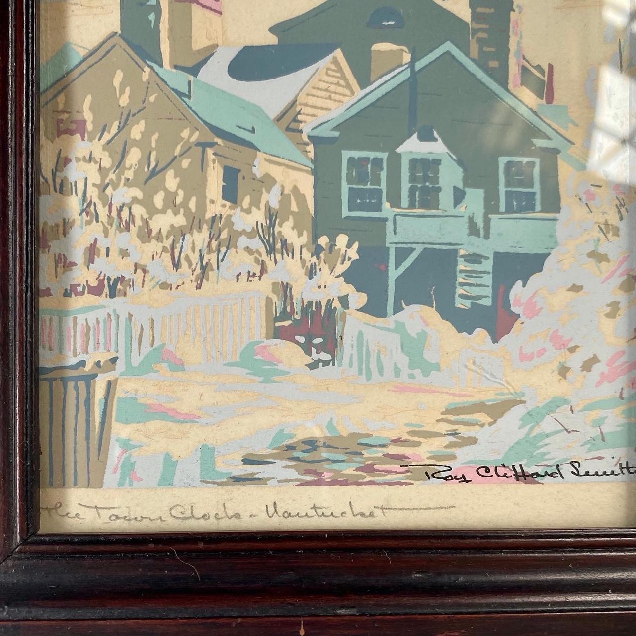 Vintage Nantucket Serigraph of The Town Clock Tower by Roy Clifford Smith, circa 1920s-1940s, a rare winter scene depicting the historic Unitarian Church on Orange Street, the South Church at the top of Stone Alley, with snow on roofs, fences,