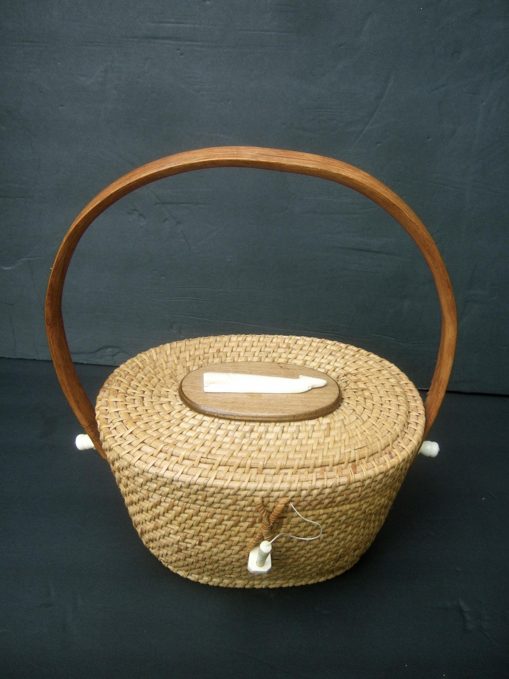 Brown Nantucket Style Wicker Resin Whale Basket Handbag Circa 1980s