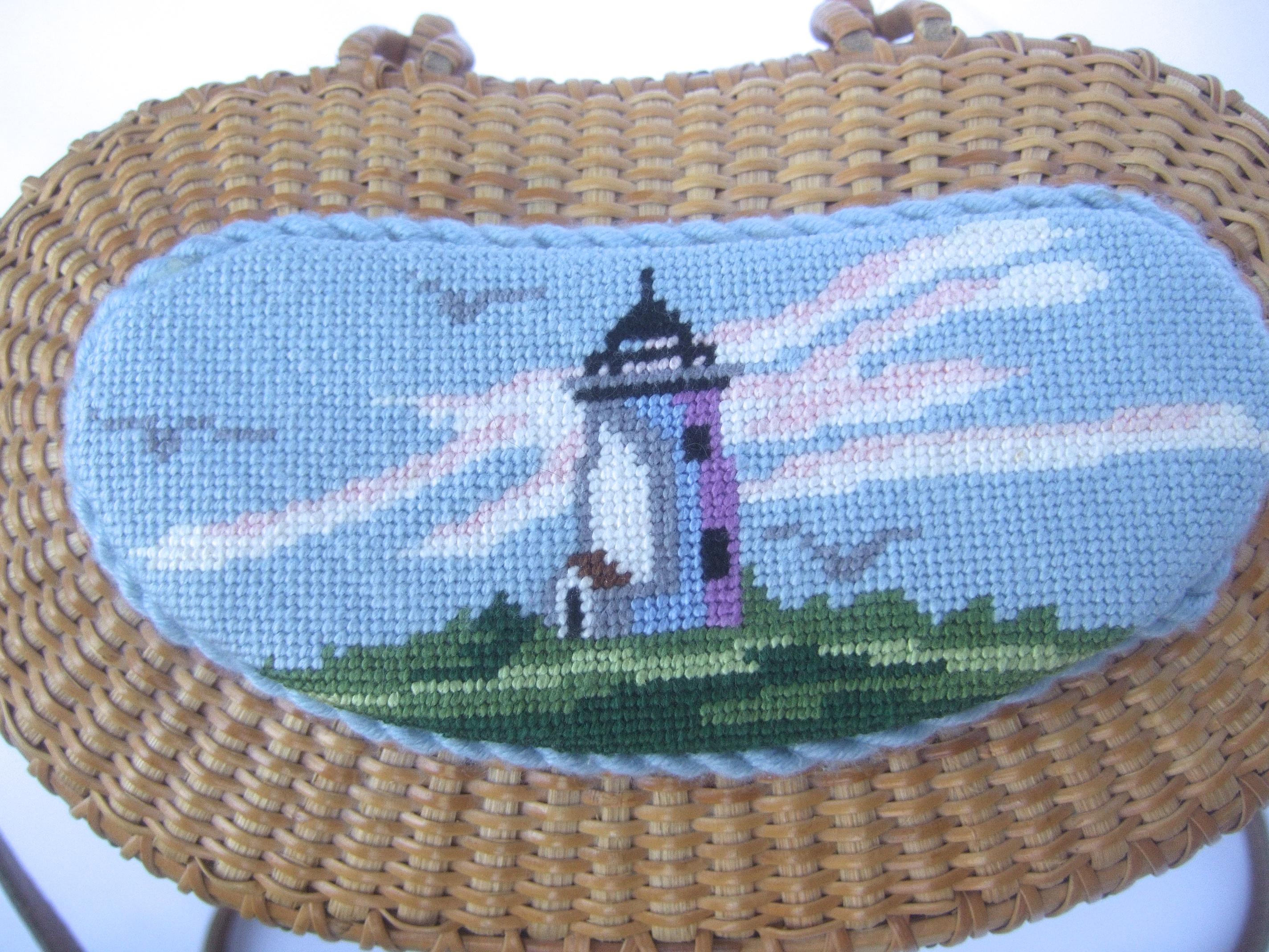 Nantucket Style Woven Wicker Needlepoint Lid Shoulder Bag c 1980s 1