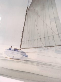 Nantucket Watercolor of Catboat and Steamship at Brant Point by Robert Spring