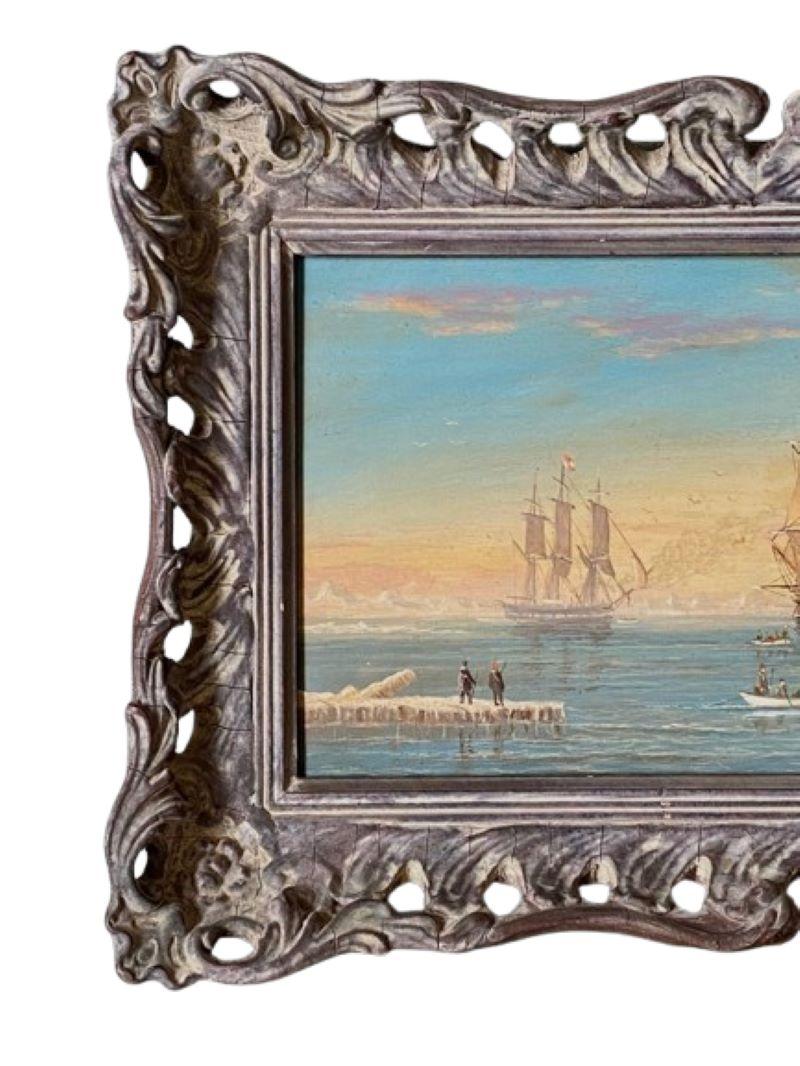 Nantucket Whaling Scene, by Red Tordoff, (Anglo-American: b. 1939), circa 1980, an oil on plywood panel depicting two whale ships in the Arctic, with two whale boats lowered, one approaching a spouting bowhead whale, and with two Inuit figures