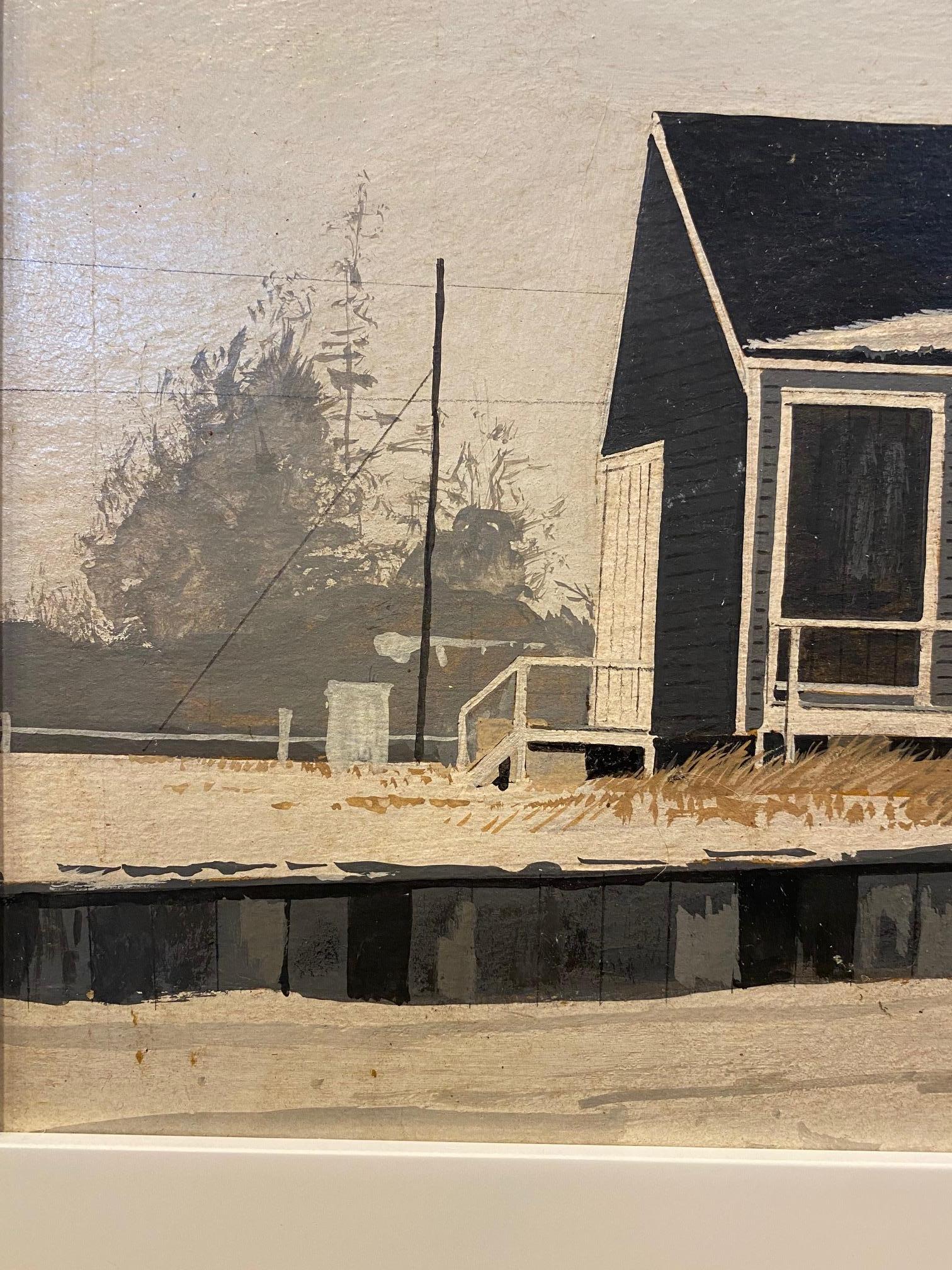 Nantucket Winter Landscape Painting by John Austin (Nantucket 1918-2000), circa 1977, an acrylic on panel view of “South Beach”, with an old beach cottage buttoned up for the winter, trimmed with snow, signed vertically in the lower right, and