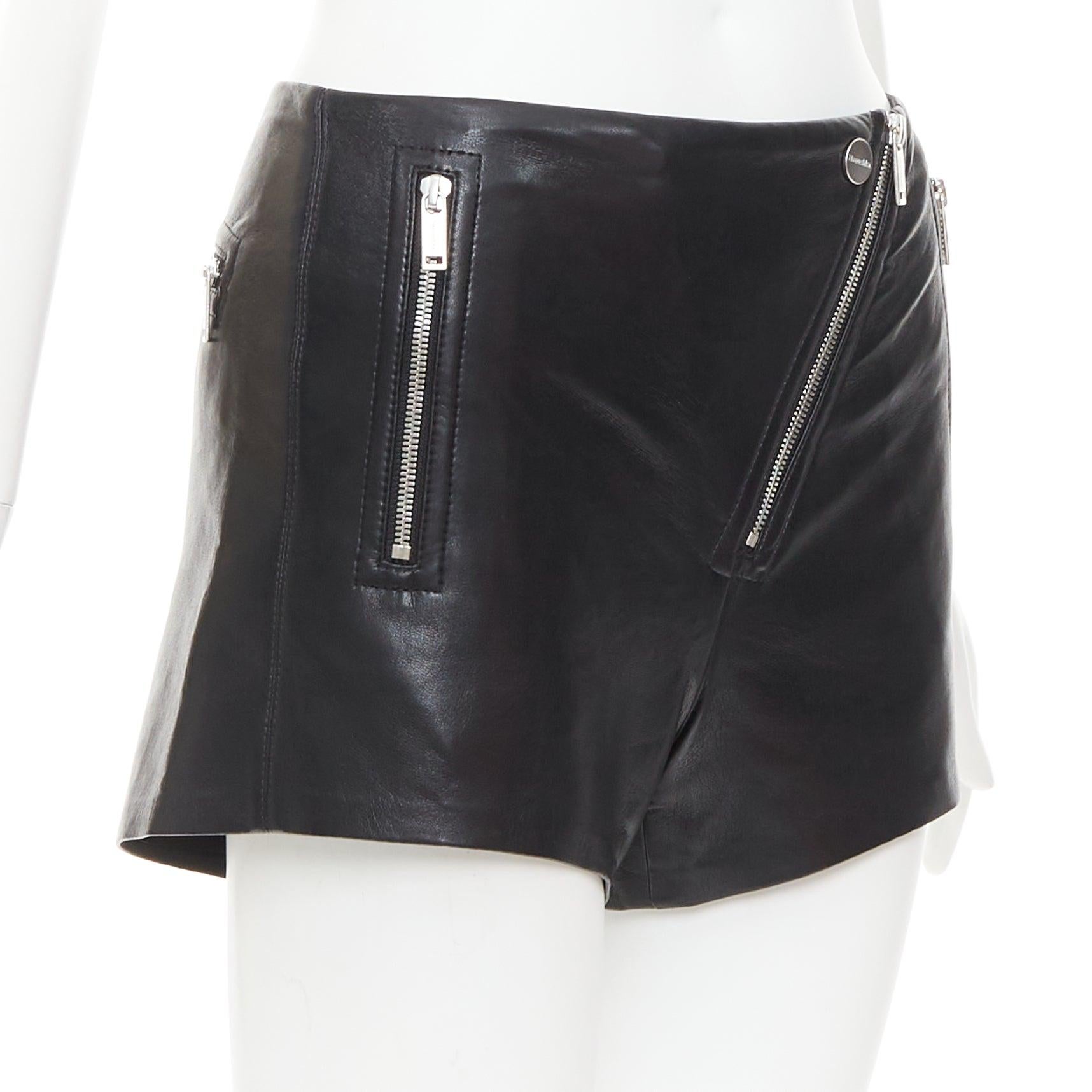 Black NANUSHKA black faux leather diagonal zip short mini biker shorts XXS For Sale