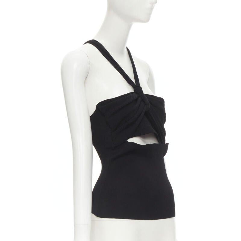 Black NANUSHKA black twist V strap cut out under bust knitted woven stretch top S For Sale