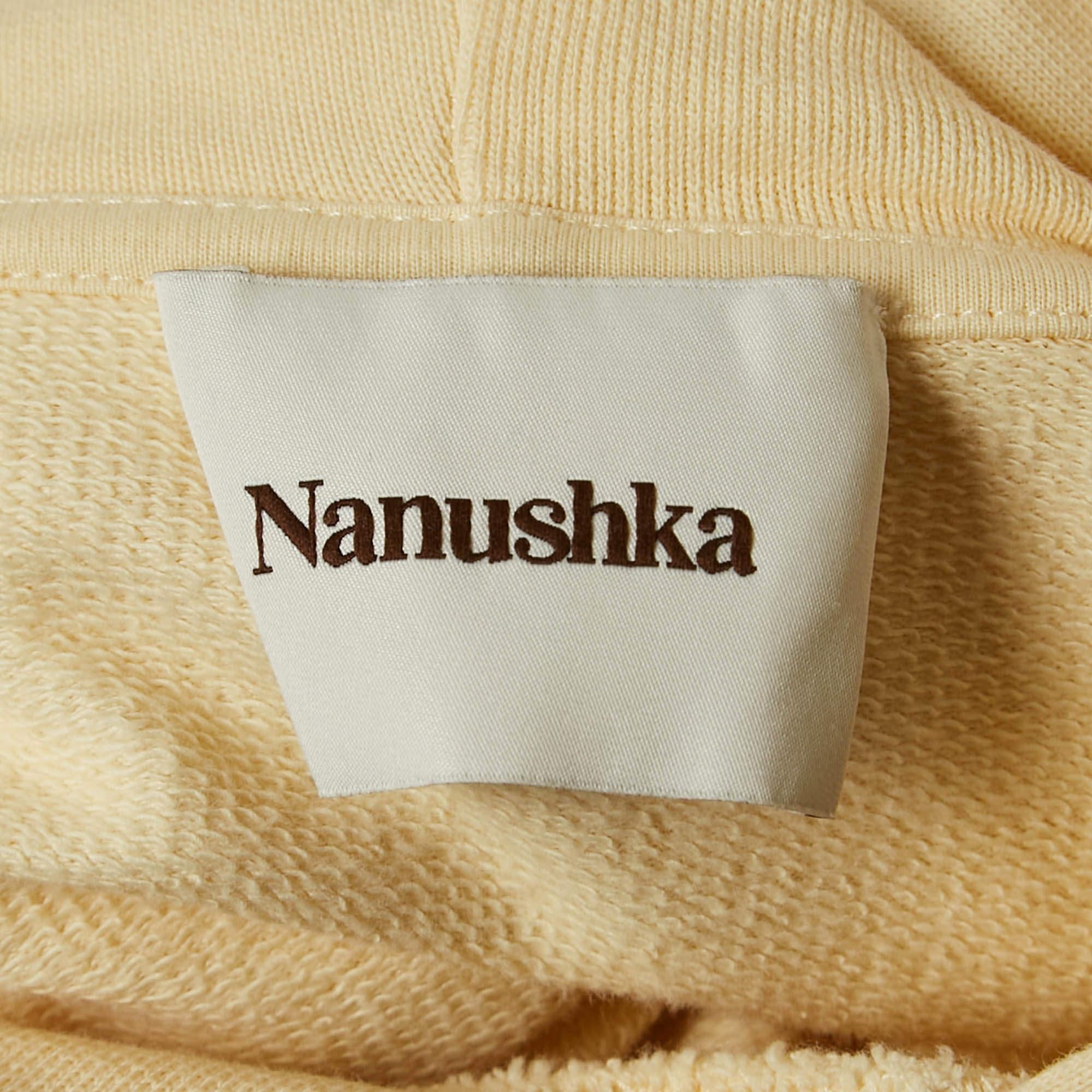 Nanushka Cream n Embroidered Cotton Knit Hoodie S In Excellent Condition For Sale In Dubai, Al Qouz 2